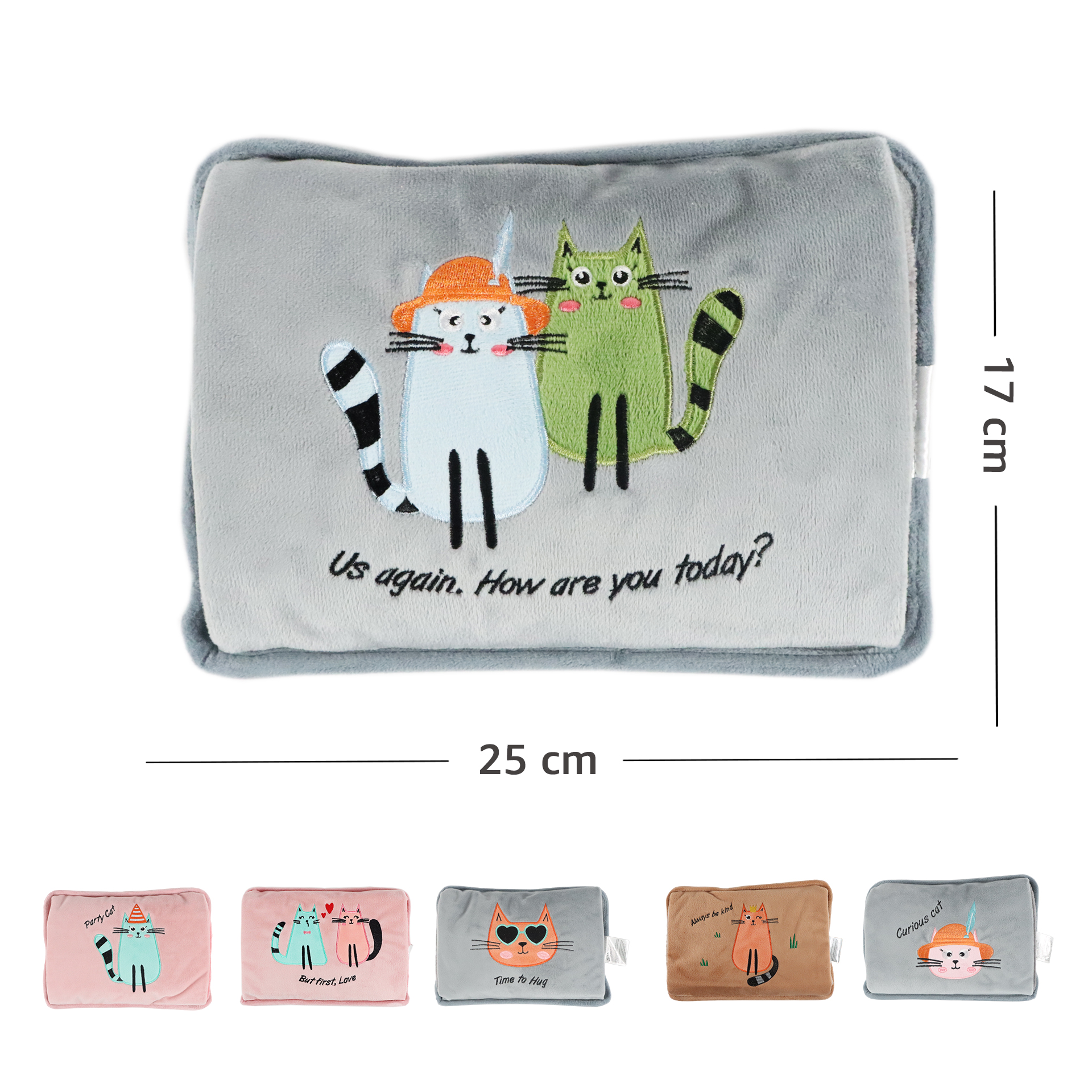 Funda de almohada gris con dos gatos bordados y texto.