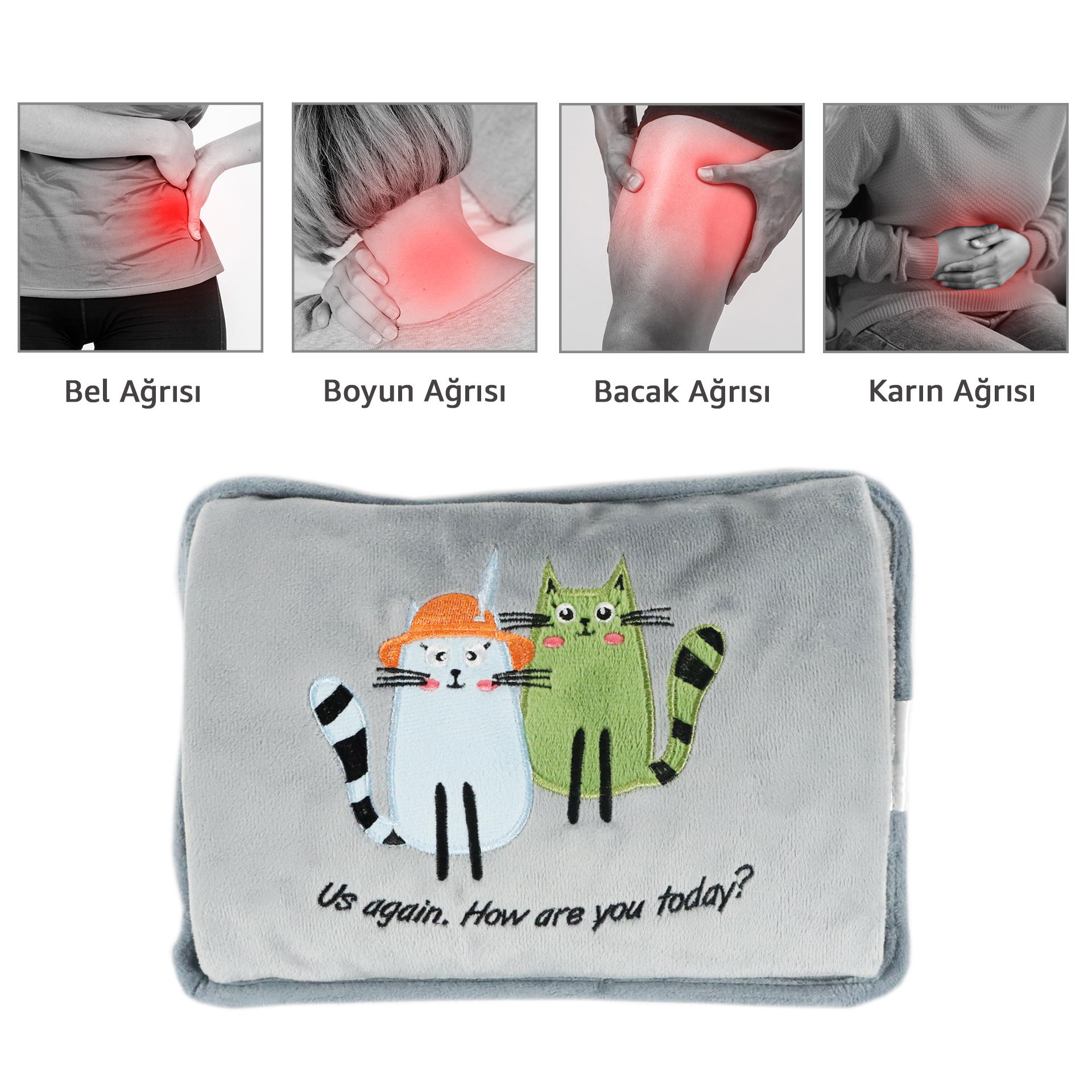 Bolsa de agua caliente gris con dos gatos de dibujos animados y texto: "Us again. How are you today?"
