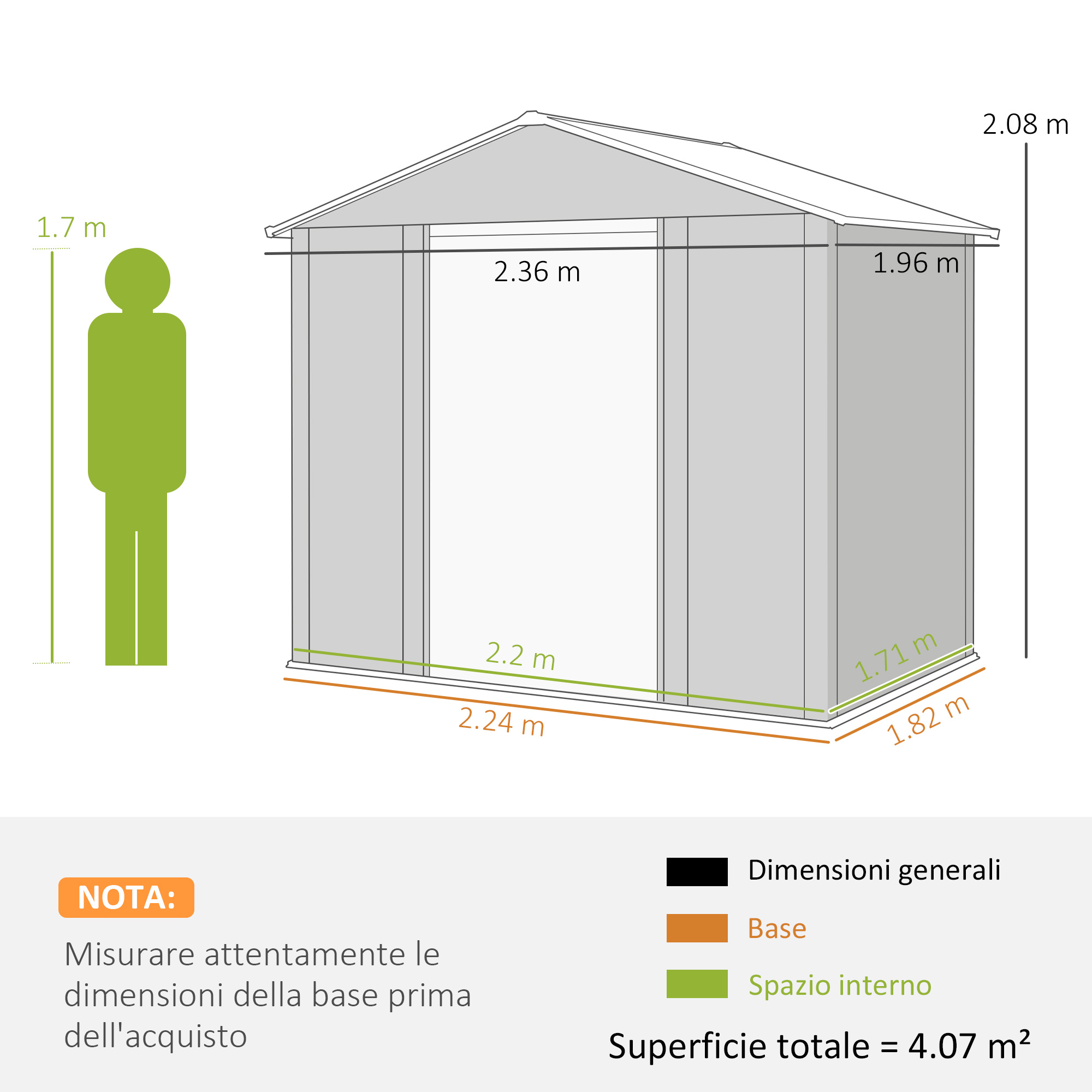 Planta di un capanno con dimensioni e una figura verde per la scala.