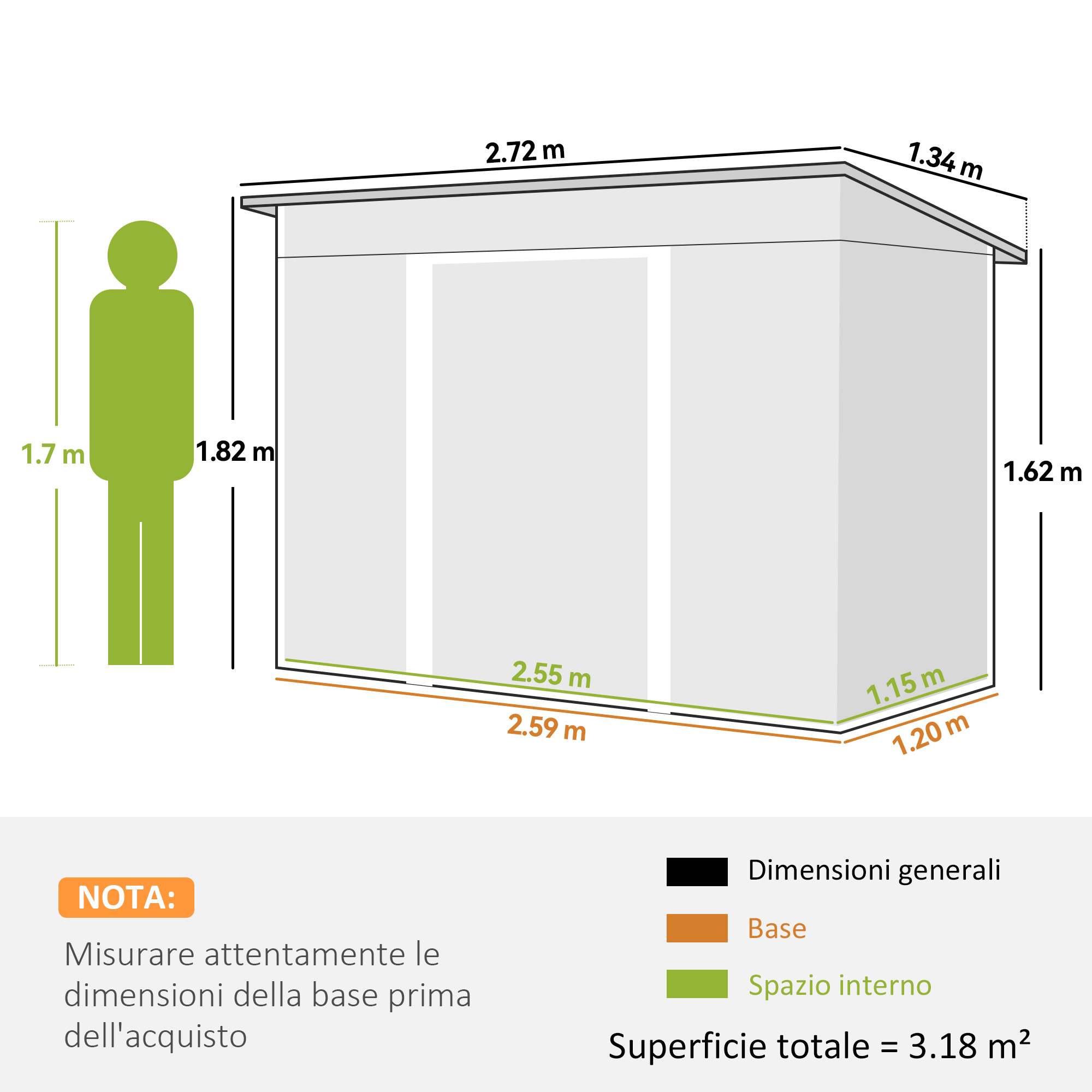 Diagramma di un capanno con dimensioni. Una figura verde a sinistra illustra l'altezza.