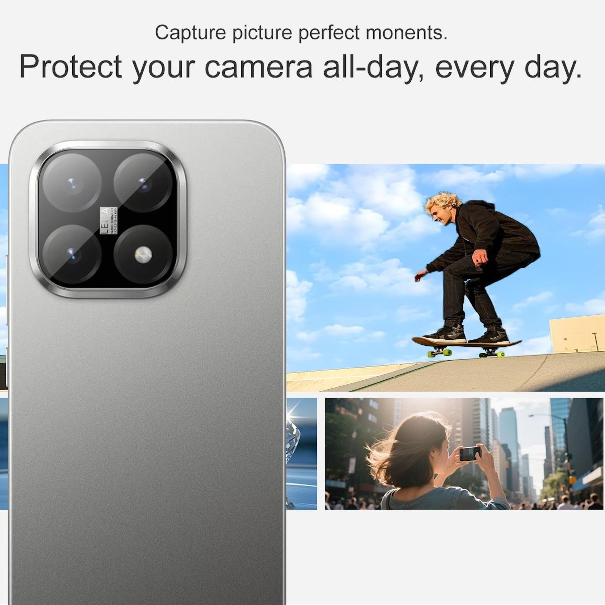Smartphone grigio con tre obiettivi. Uomo su skateboard, donna fotografa città.