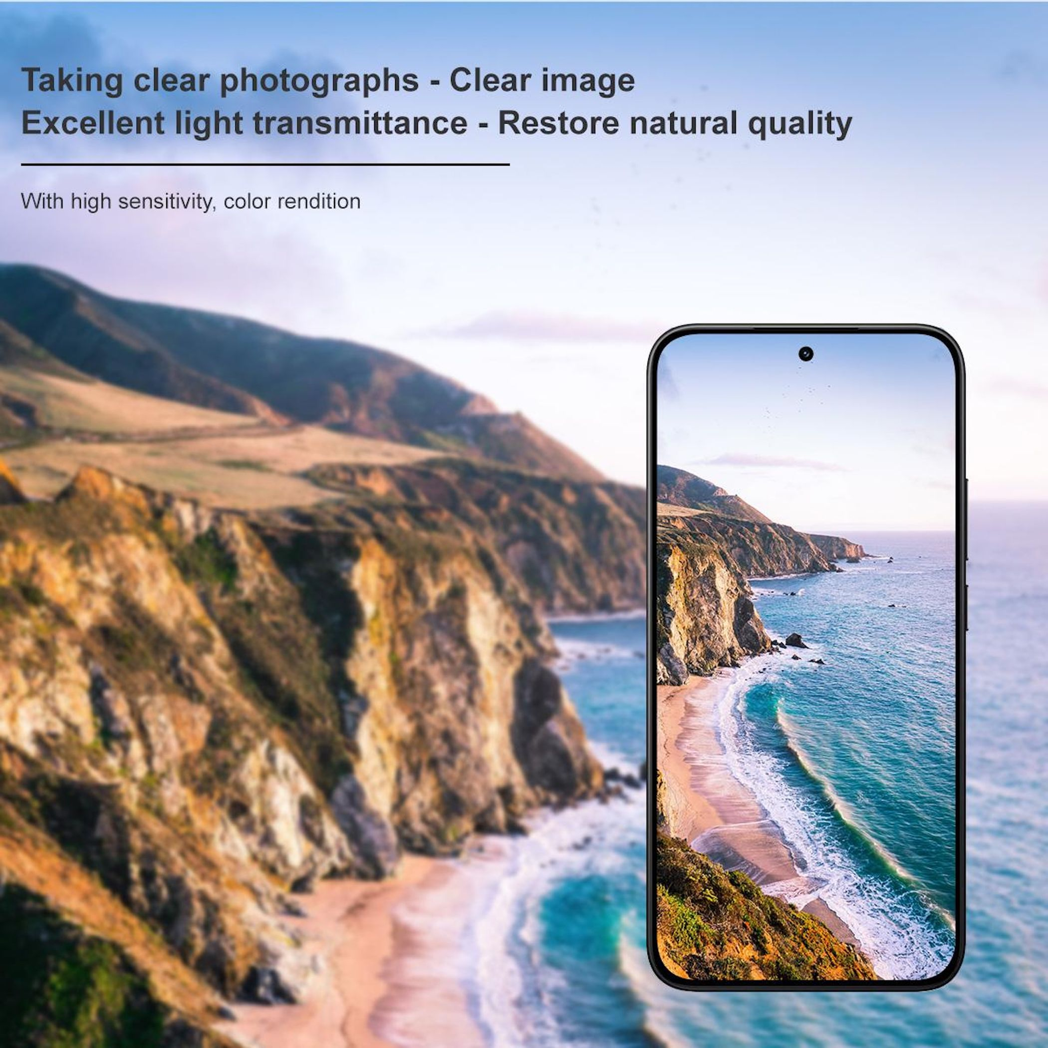 Uno smartphone mostra un paesaggio costiero con scogliere e mare.