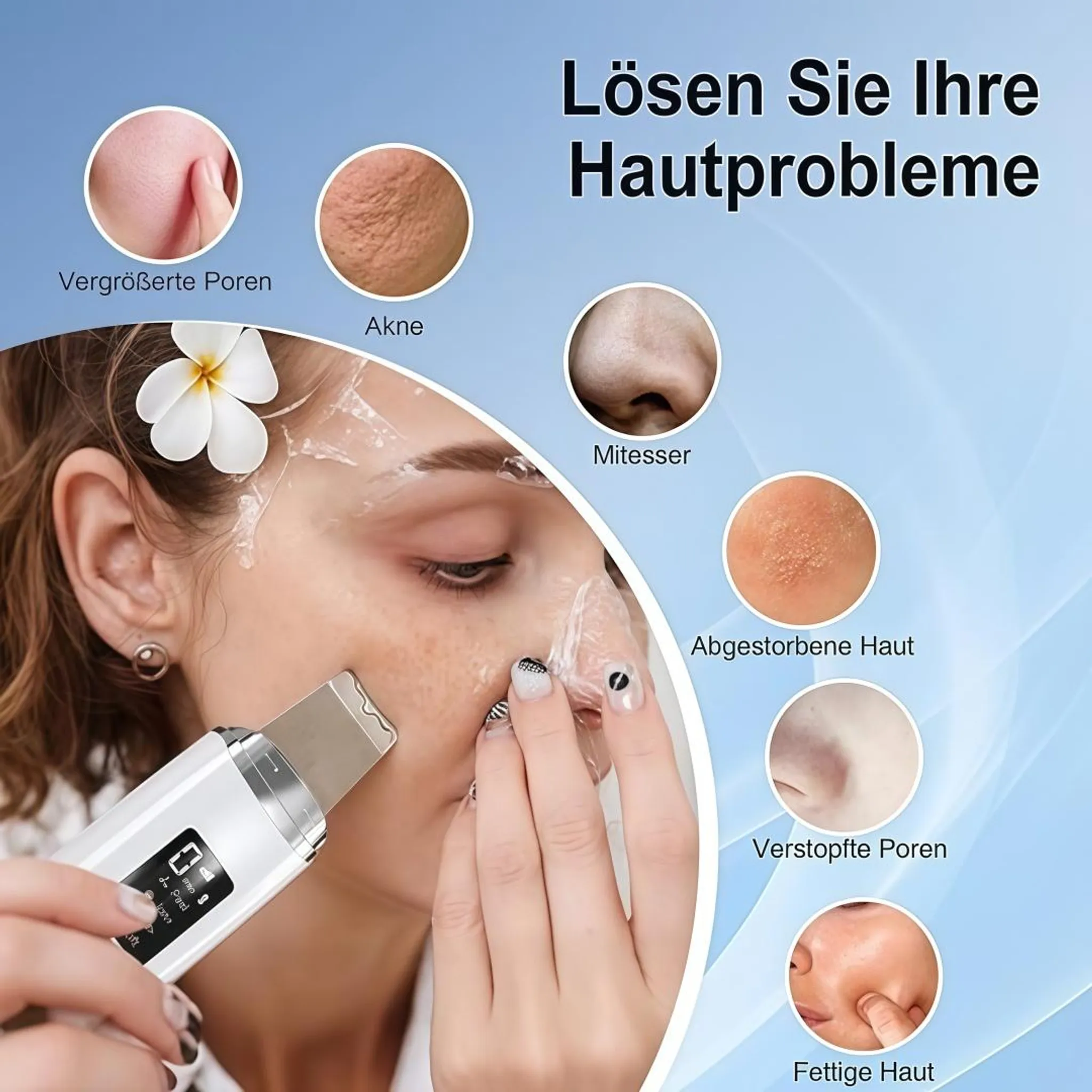 Eine Frau benutzt ein Hautpflegegerät, um Hautprobleme zu behandeln.