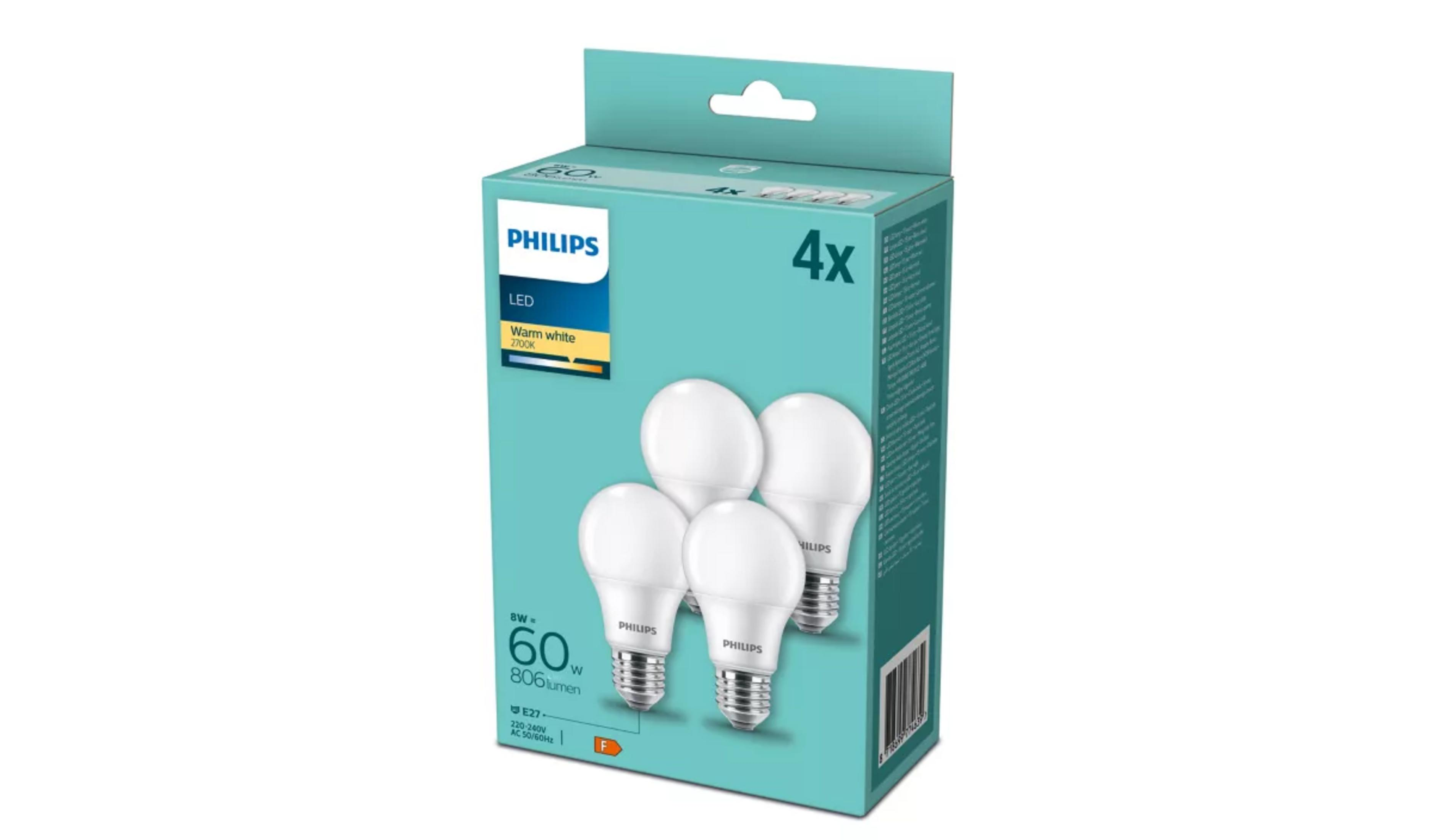 Paquete de cuatro bombillas LED Philips, blanco cálido, 2700K.