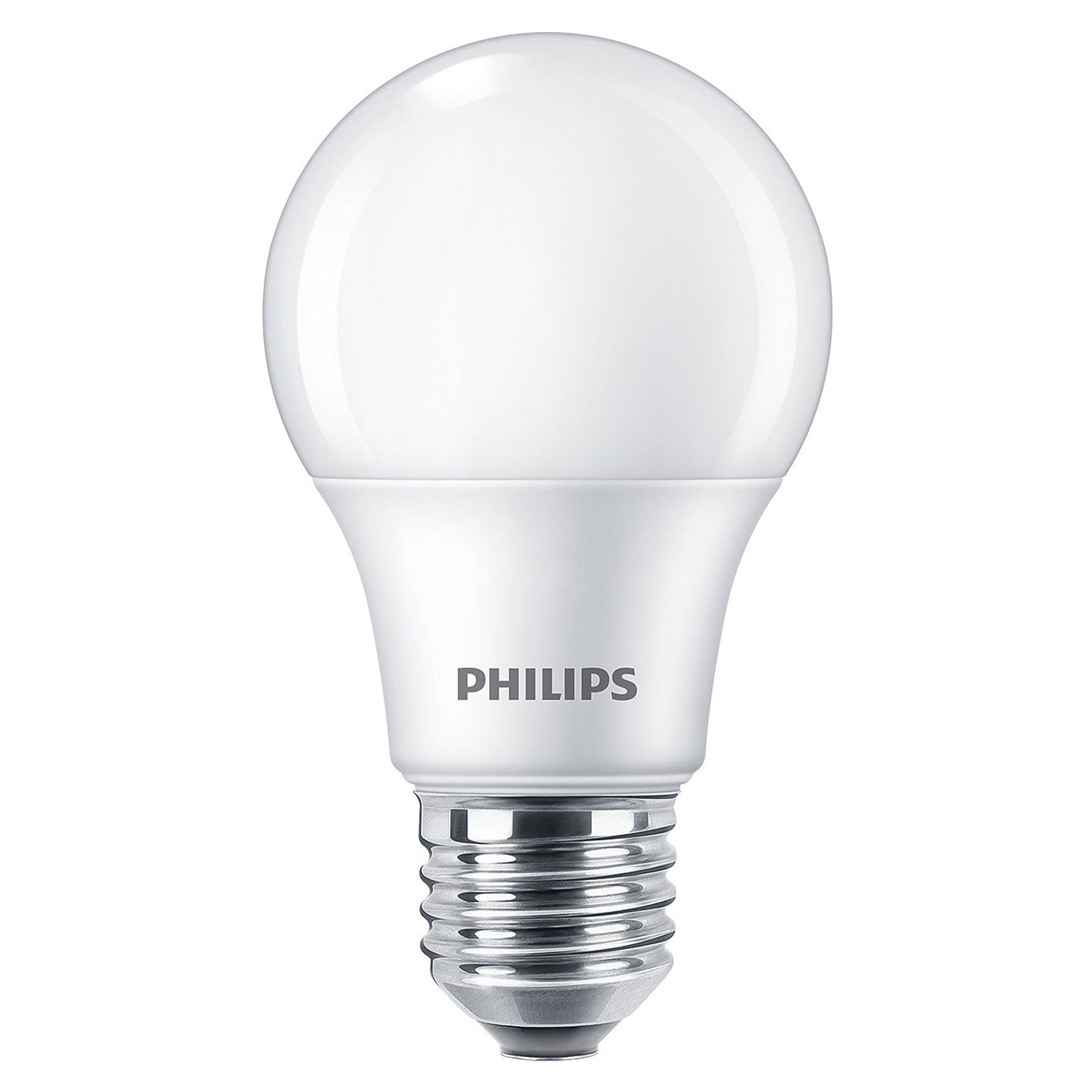 Una bombilla LED Philips blanca con base de rosca, aislada sobre fondo blanco.