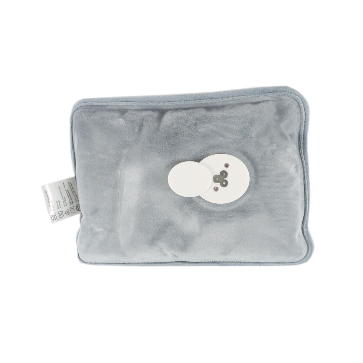 Una bolsa de agua caliente gris con elemento de control blanco y etiqueta.