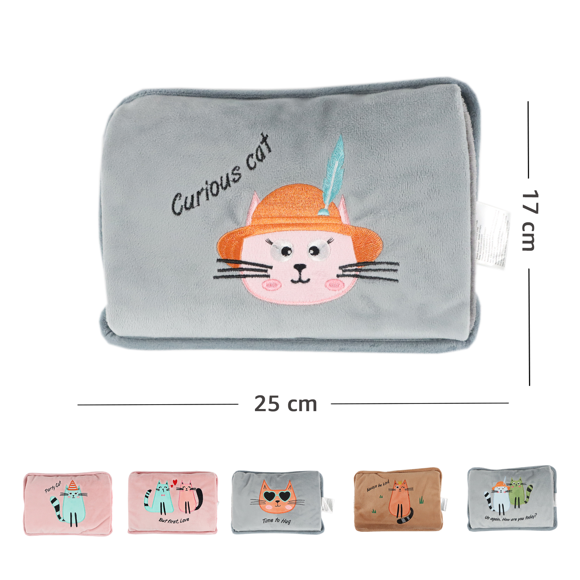 Bolsa de agua caliente gris con gato en sombrero, 25x17cm. Varios diseños abajo.