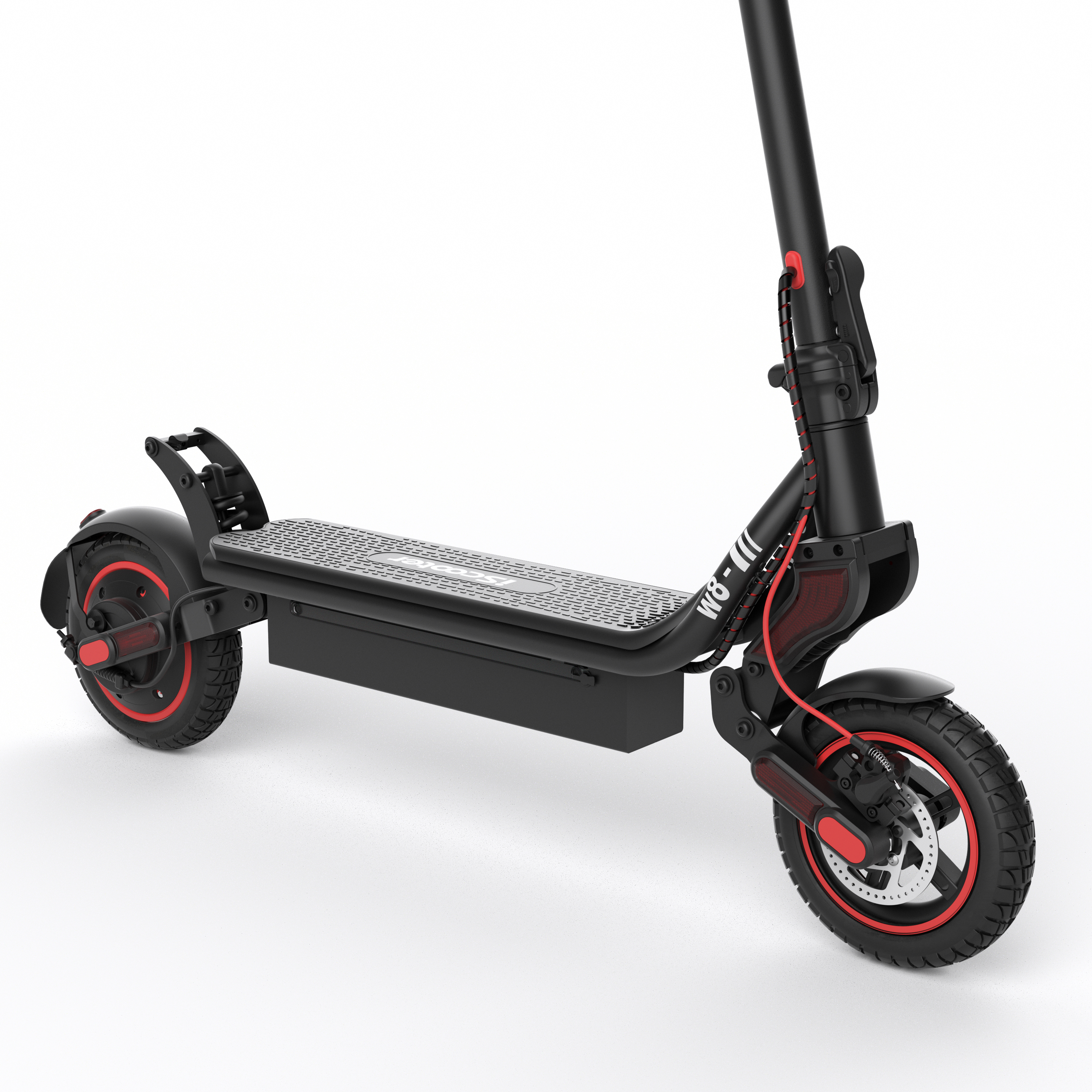 Monopattino elettrico nero con accenti rossi, primo piano di ruote e pedana.