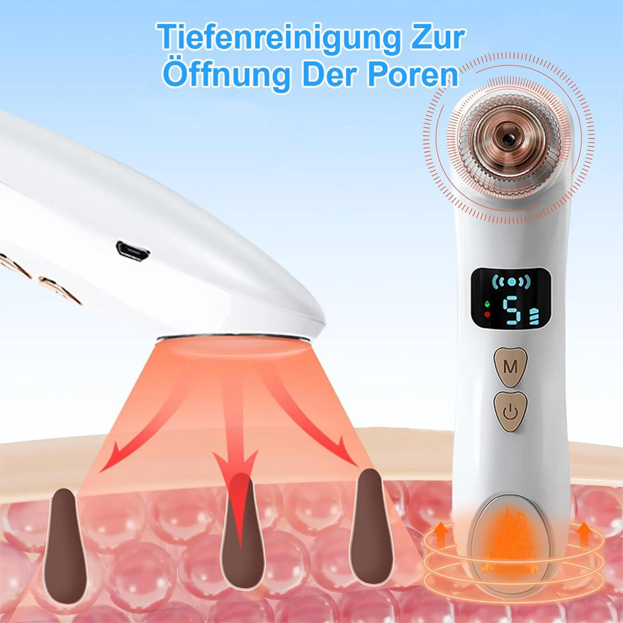 Ein Hautreinigungsgerät mit einem Display zeigt einen Hautschnitt mit Poren.
