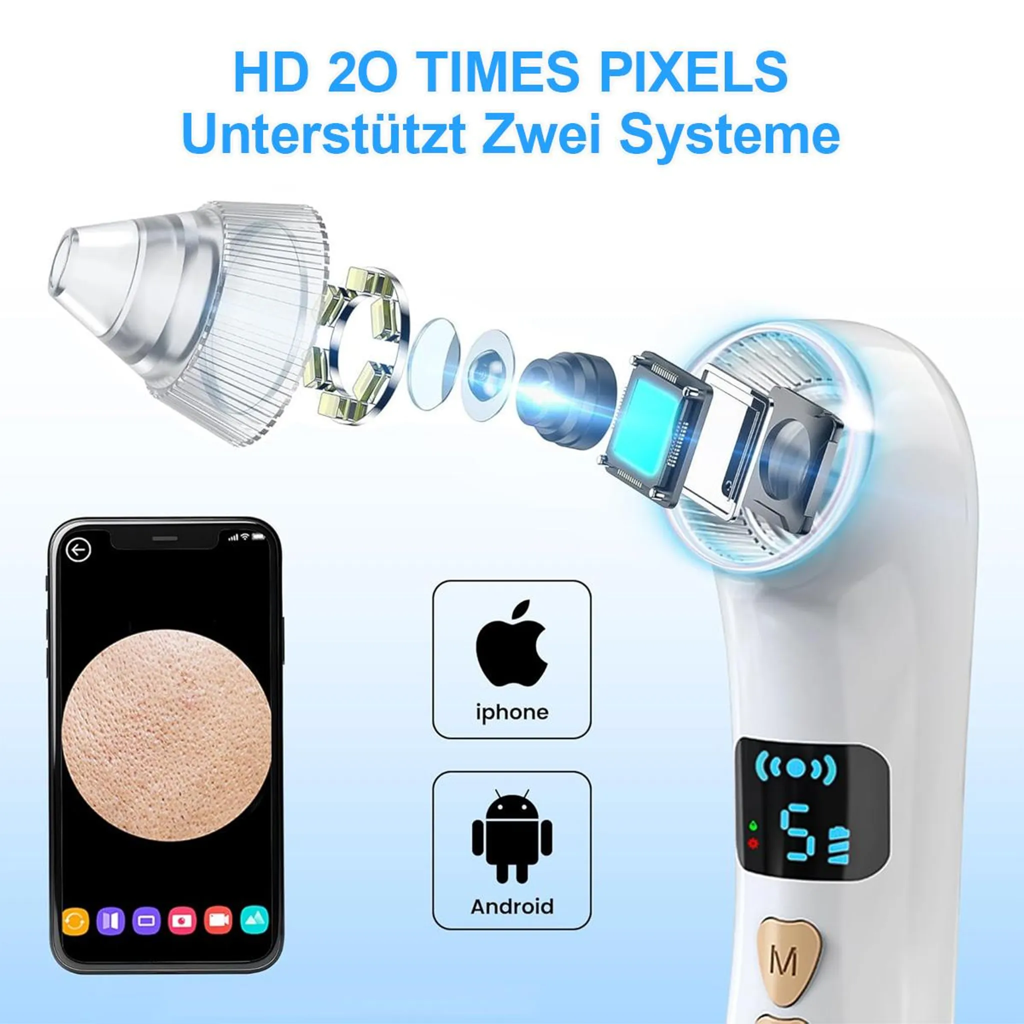Gerät mit Kamera, iPhone/Android-Icons und Display mit Batterieanzeige.