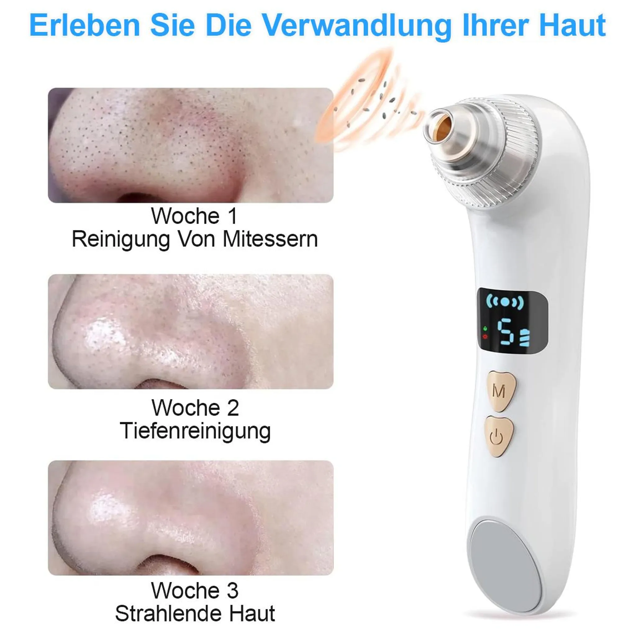 Ein Hautanalysegerät zeigt Vorher-Nachher-Bilder und ein weißes Hautpflegegerät.