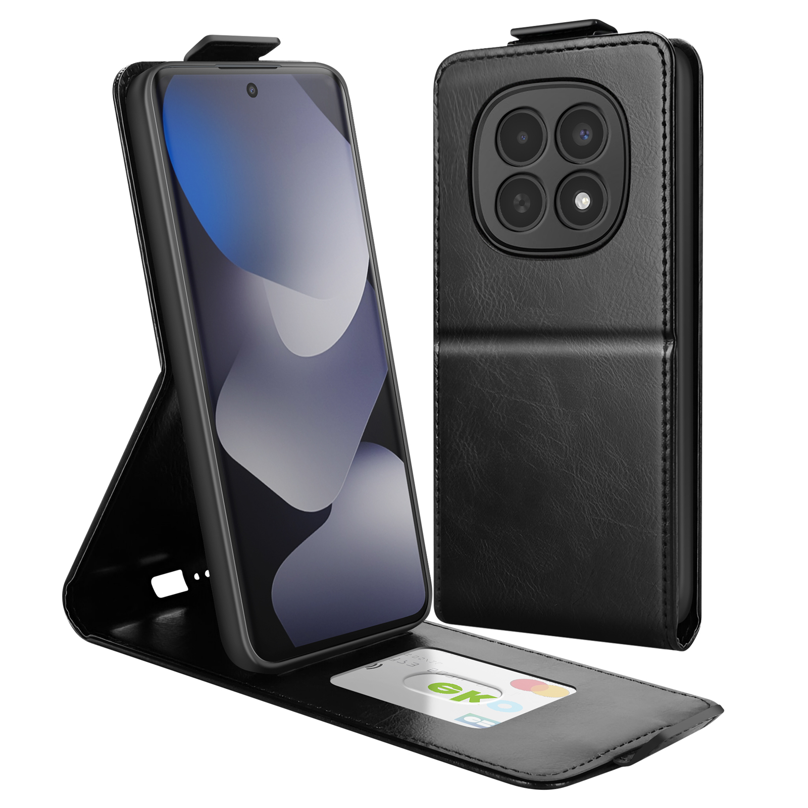 Schwarzes Leder-Flip-Case mit Handy, Kreditkarte sichtbar, weiße Rückseite.