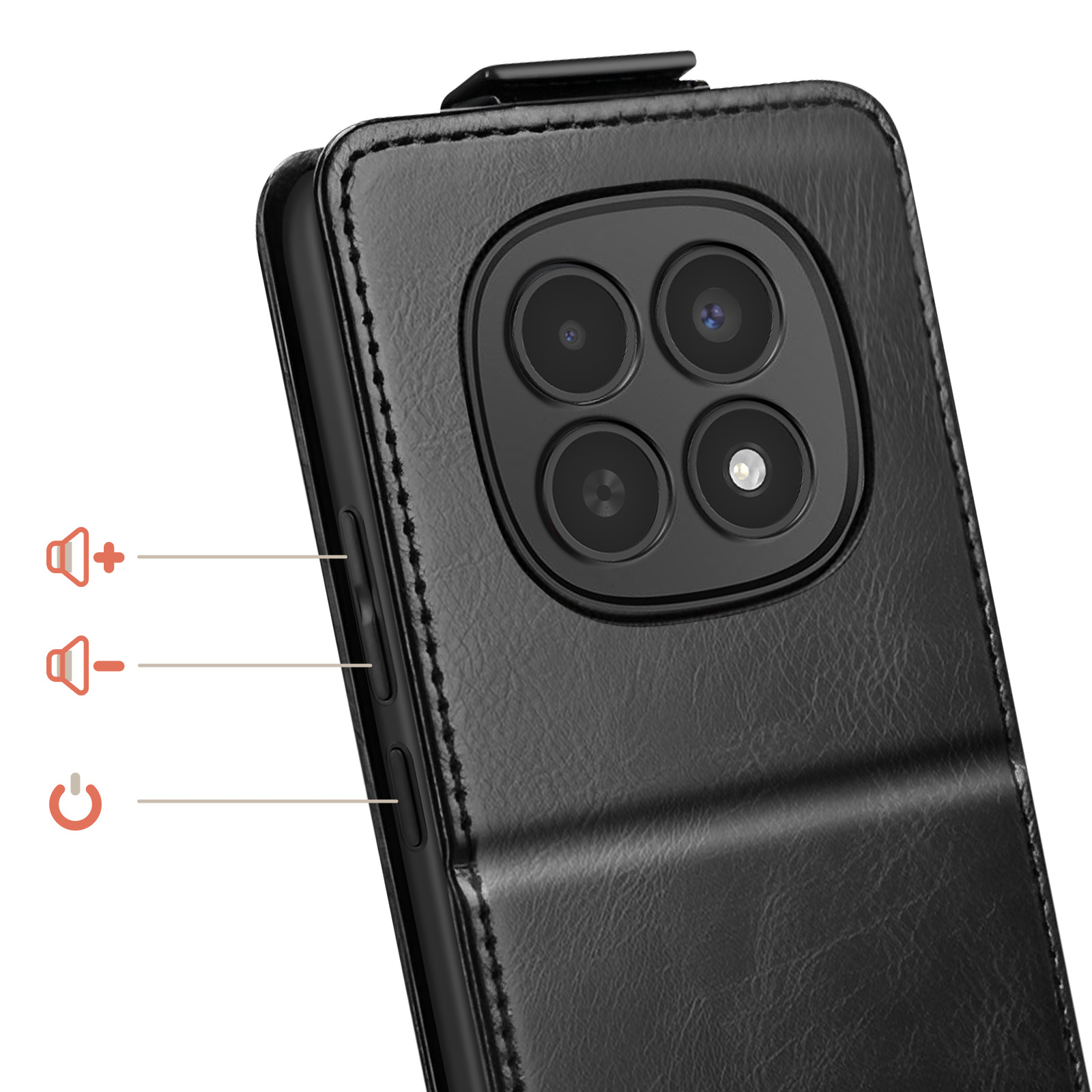 Schwarzes Handy mit Lederhülle, vier Kameras und Lautstärketasten.
