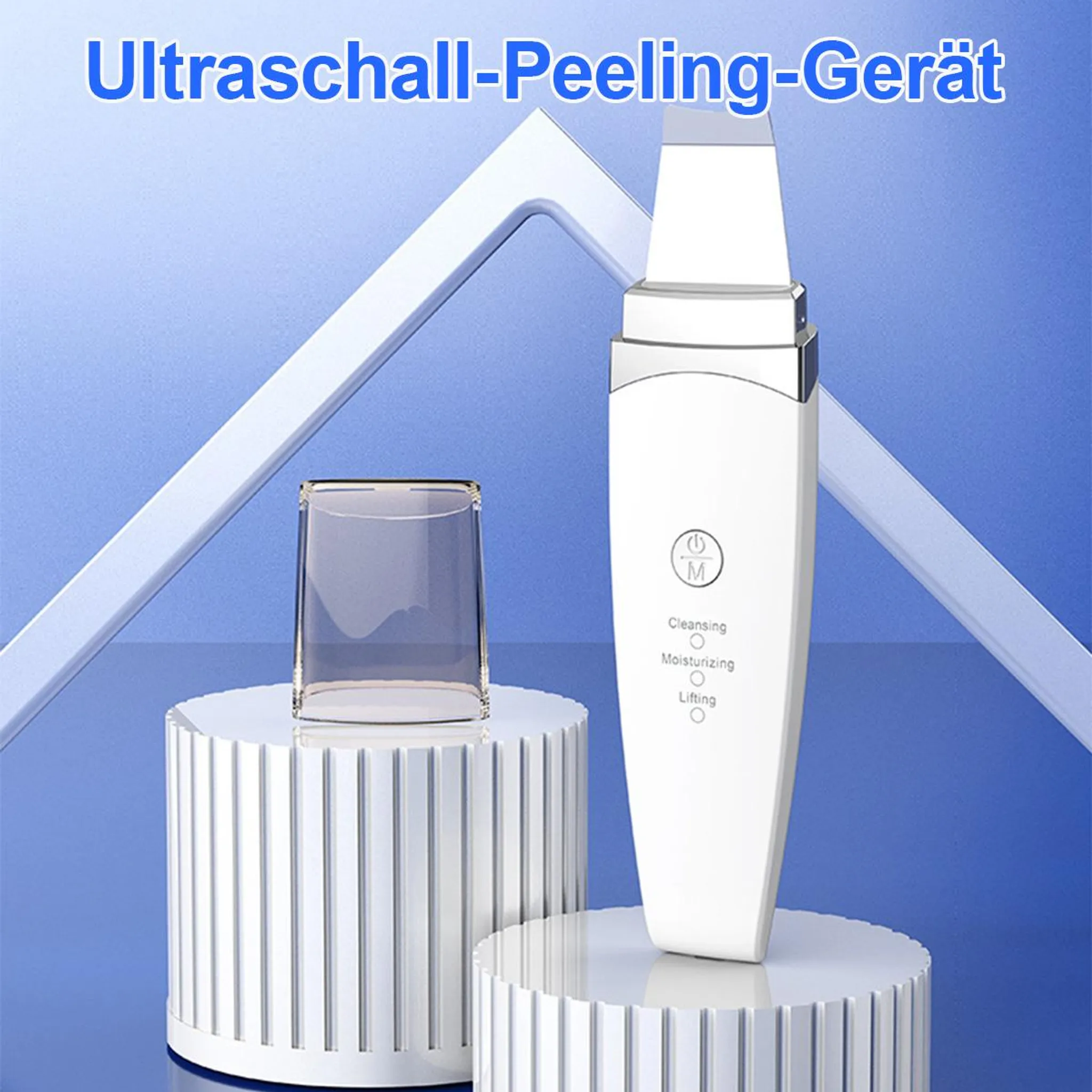 Ein weißes Ultraschall-Peeling-Gerät mit Glasbehälter auf Podesten.