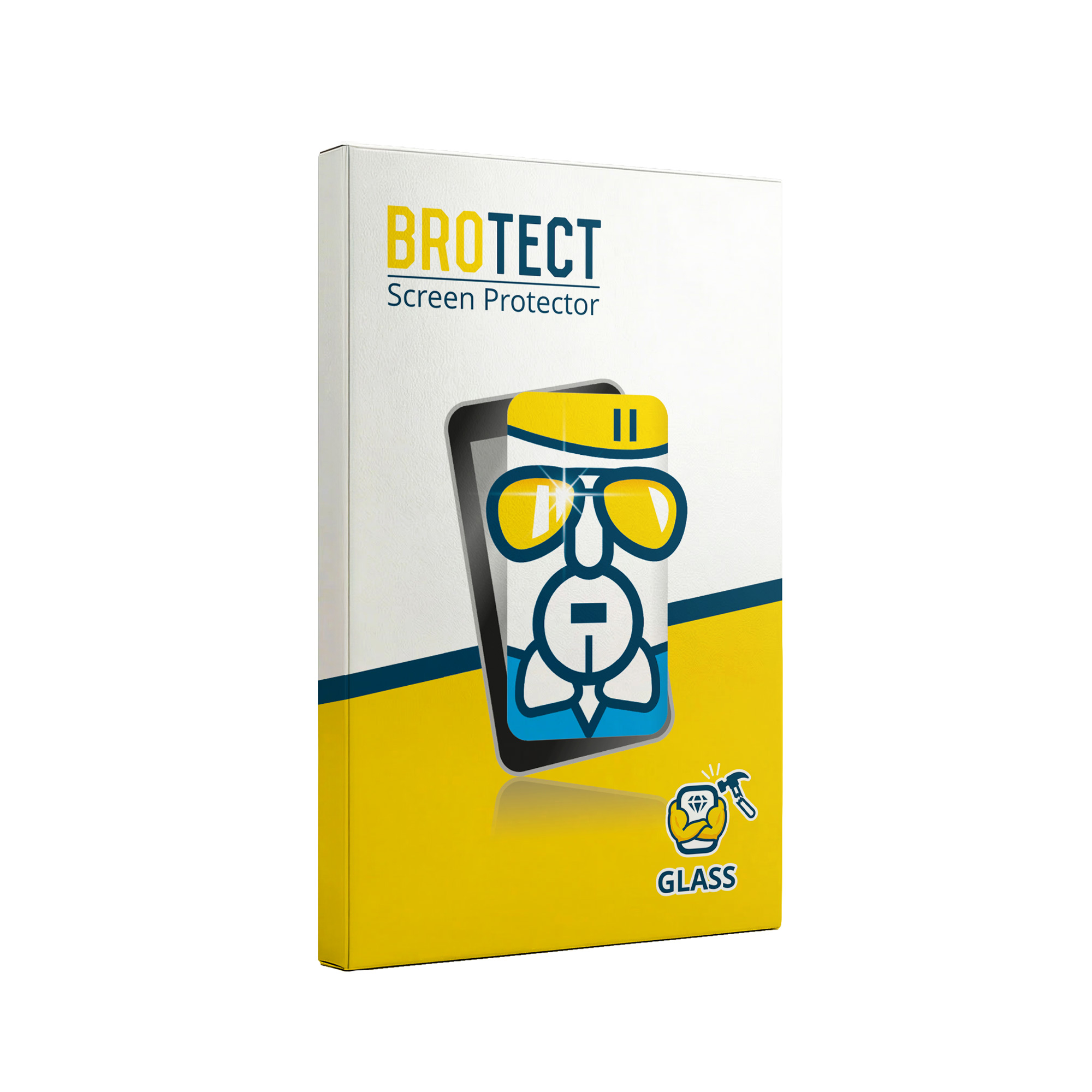 Verpackung für BROTECT Displayschutzfolie mit Comic-Figur und Hammer-Symbol.