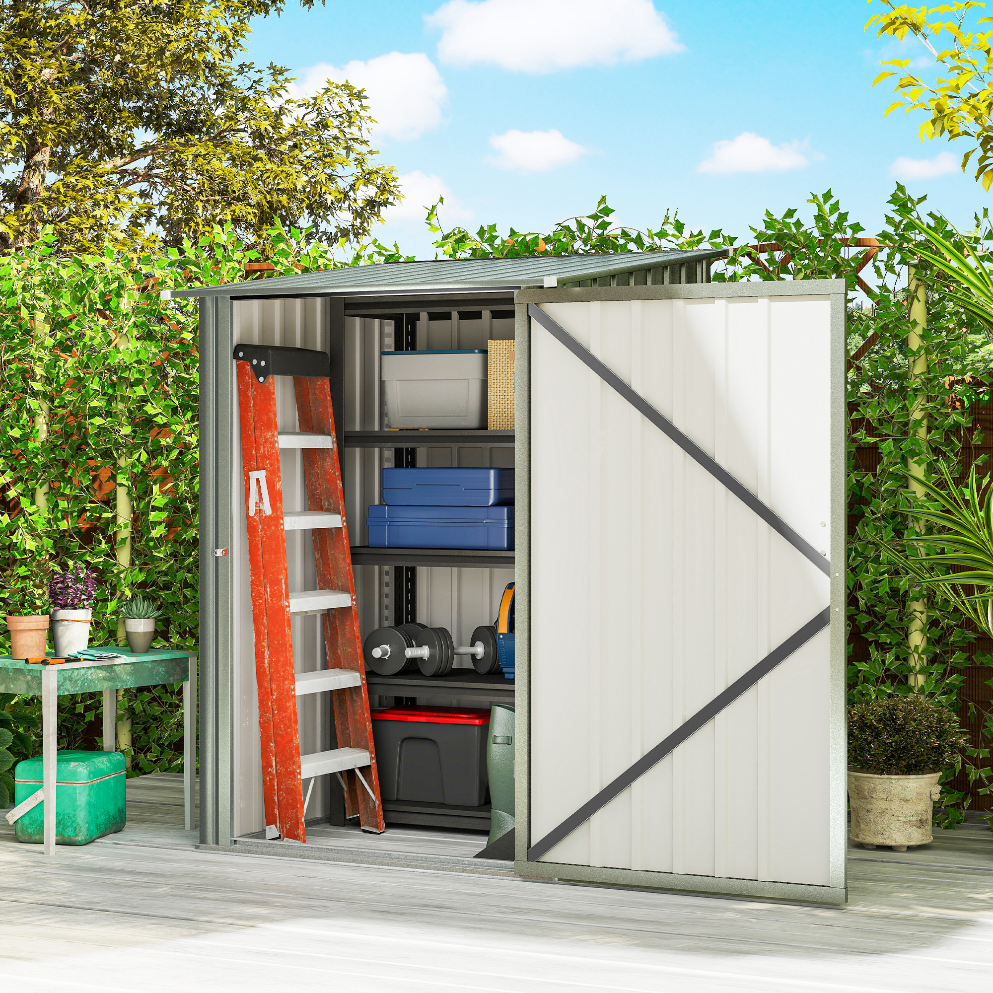 Capanno da giardino con porta aperta, scala, manubri, contenitori, piante.
