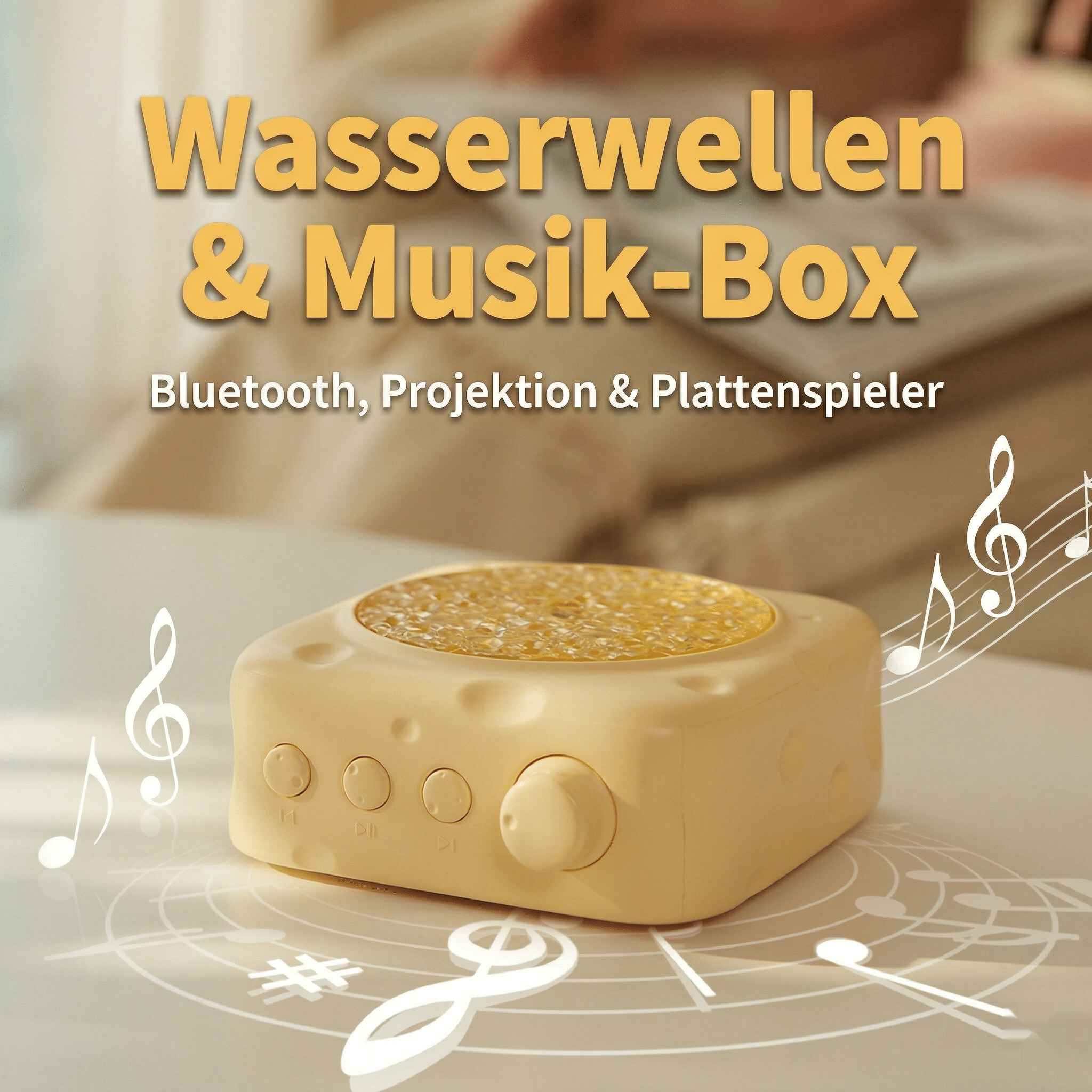 Ein gelbes Gerät mit Musiknoten und Text über Wellen & Musik-Box.