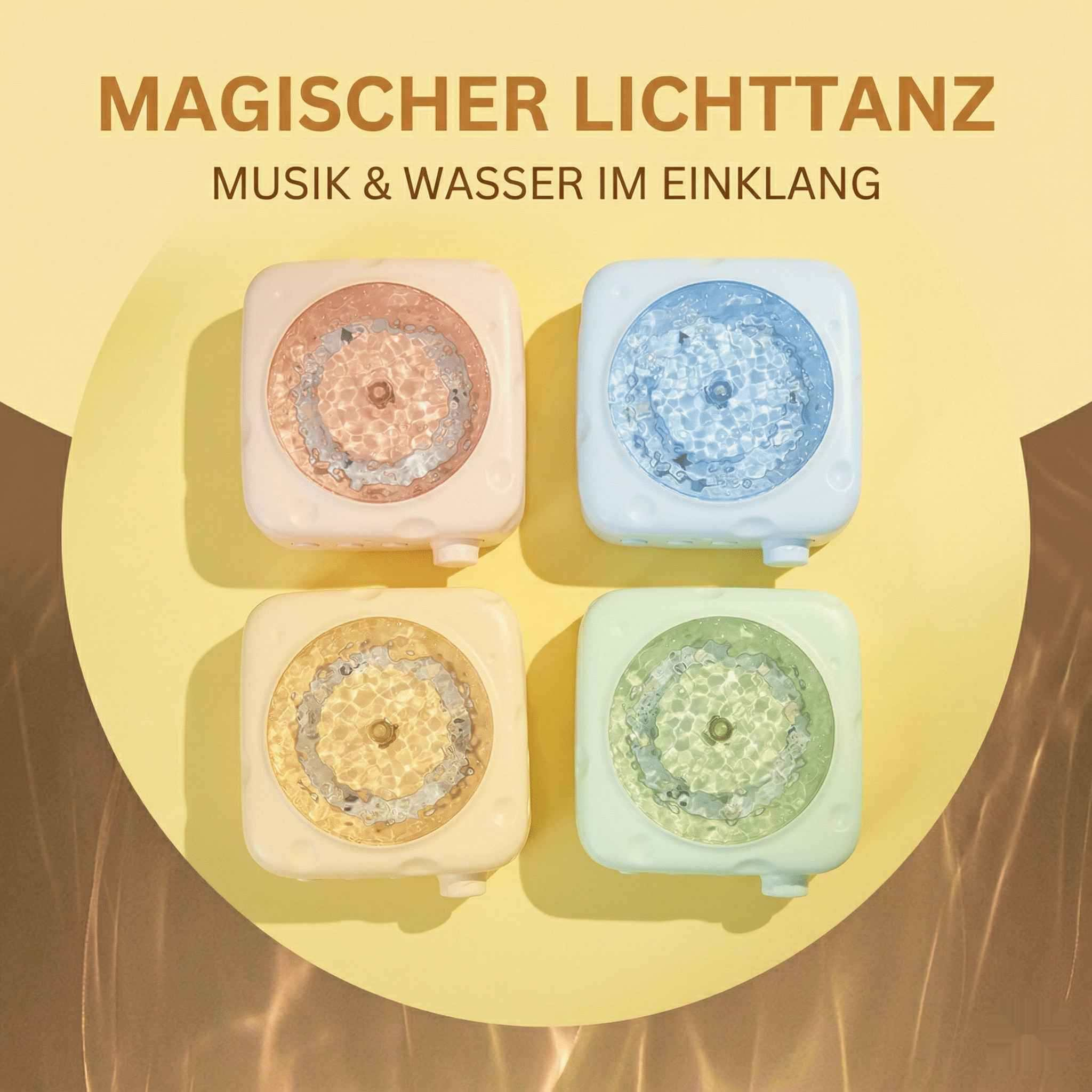 Vier bunte, quadratische Lichter mit Wasser- und Lichteffekten.
