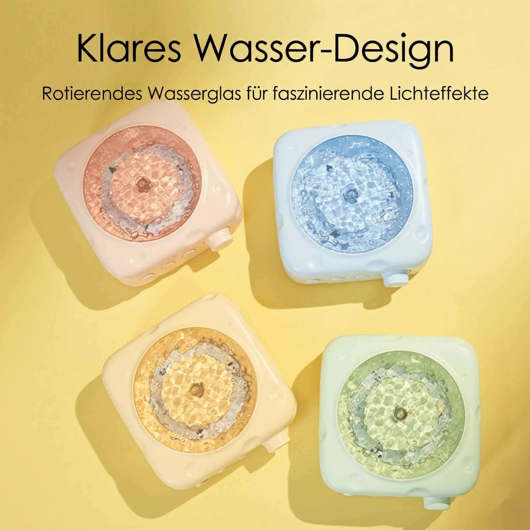 Vier bunte, rotierende Wassergläser mit Lichteffekten auf gelbem Hintergrund.