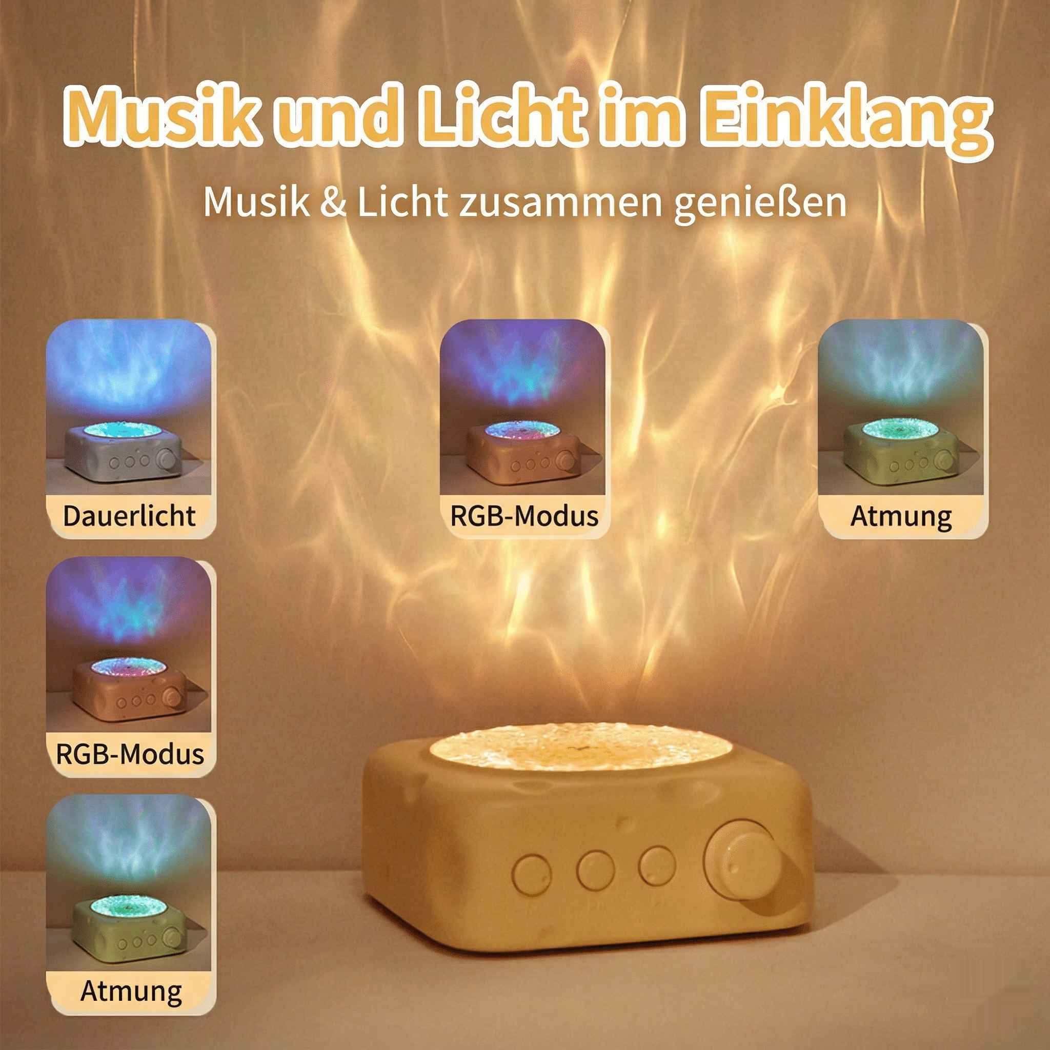 Ein gelbes Gerät projiziert blaues und lila Licht. Mehrere Modi sind auf kleinen Bildschirmen abgebildet.