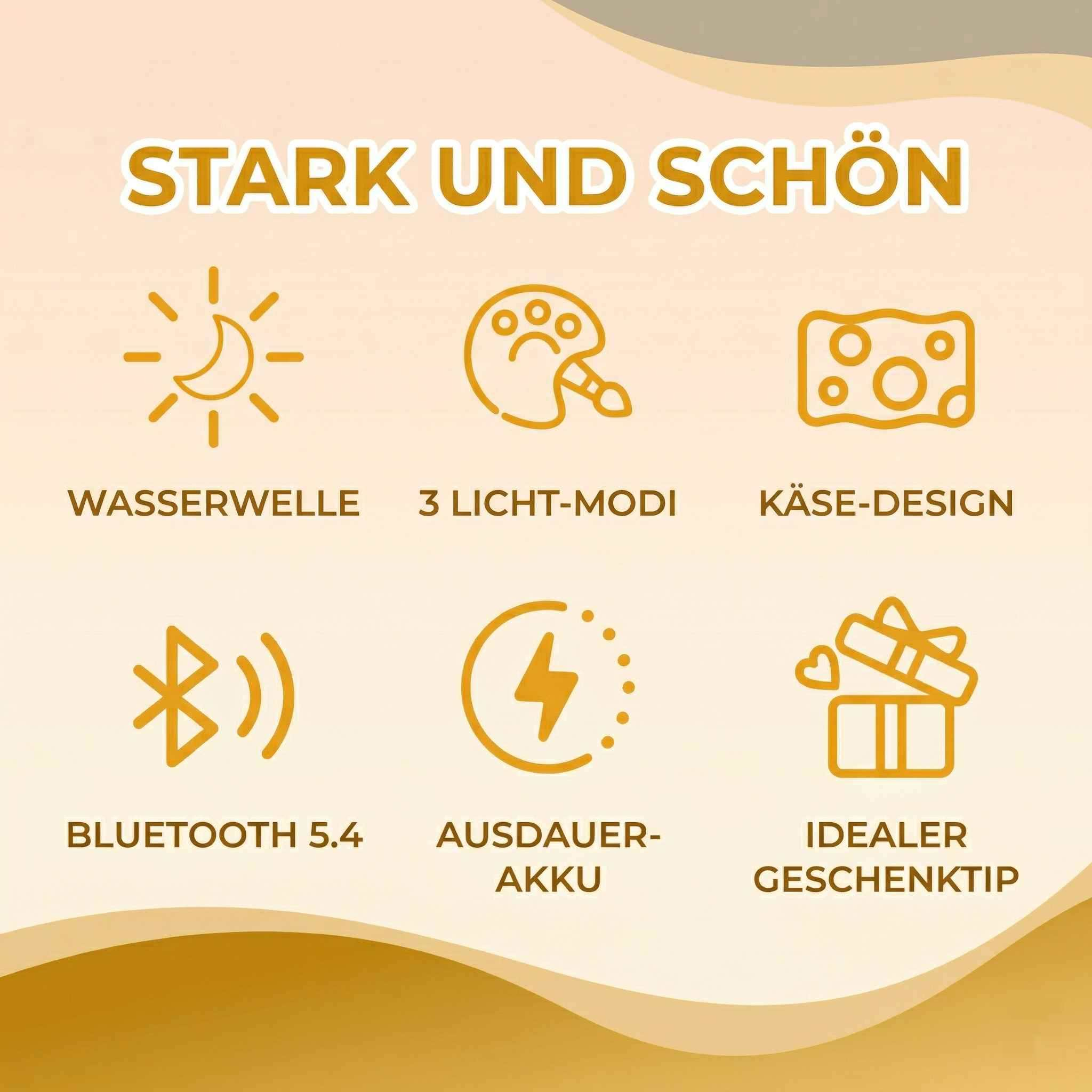 Sechs Icons mit deutschen Texten: Sonne, Palette, Käse, Bluetooth, Akku, Geschenk.