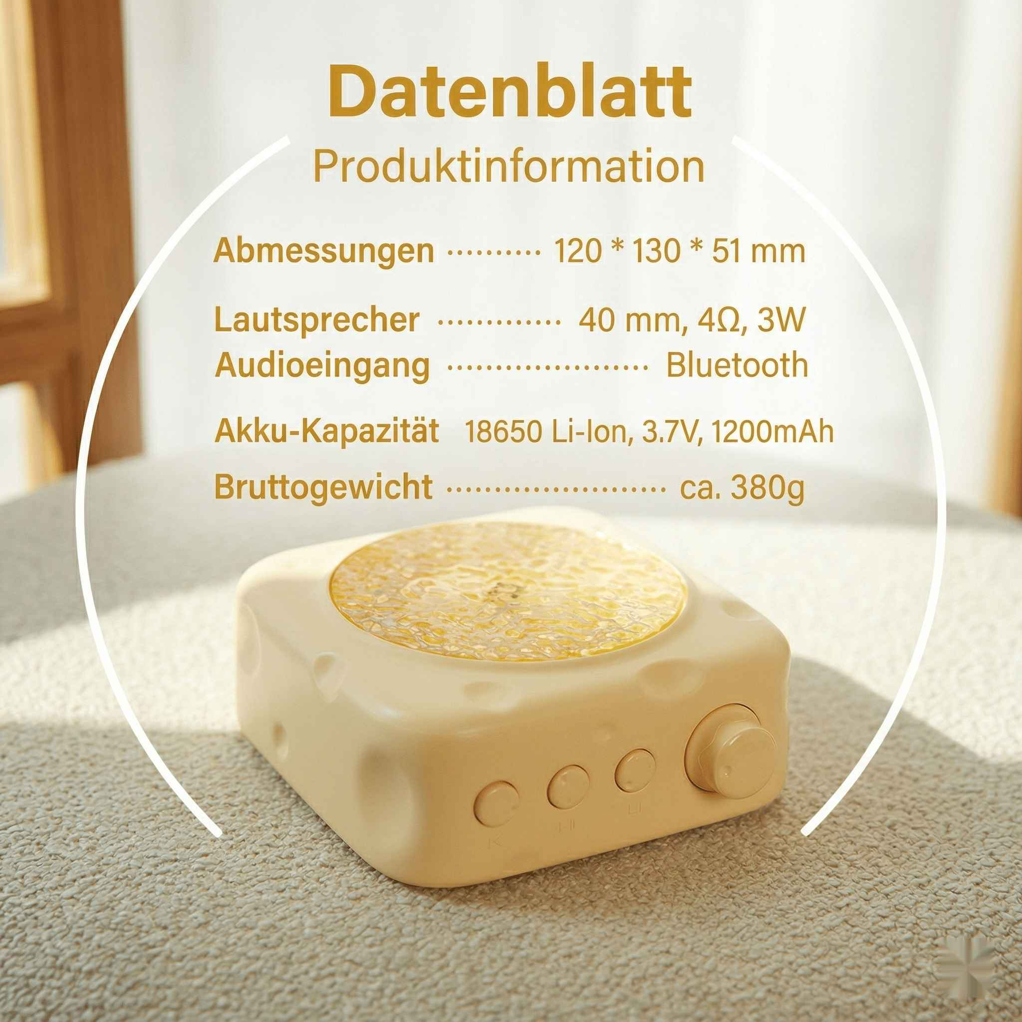 Ein gelbes Gerät mit Text, das Produktdaten wie Abmessungen und Gewicht auflistet.