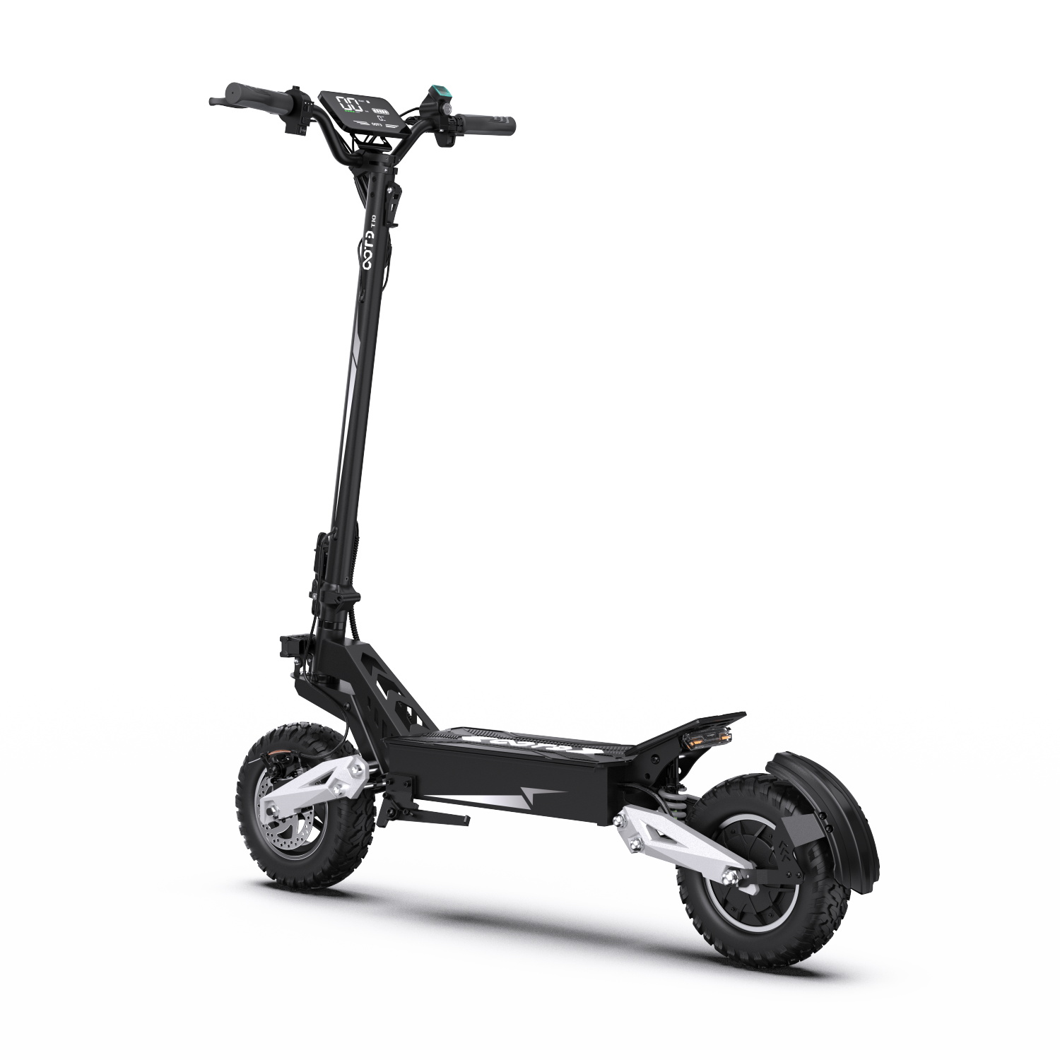 Monopattino elettrico nero con ruote grandi, display digitale e sospensioni.