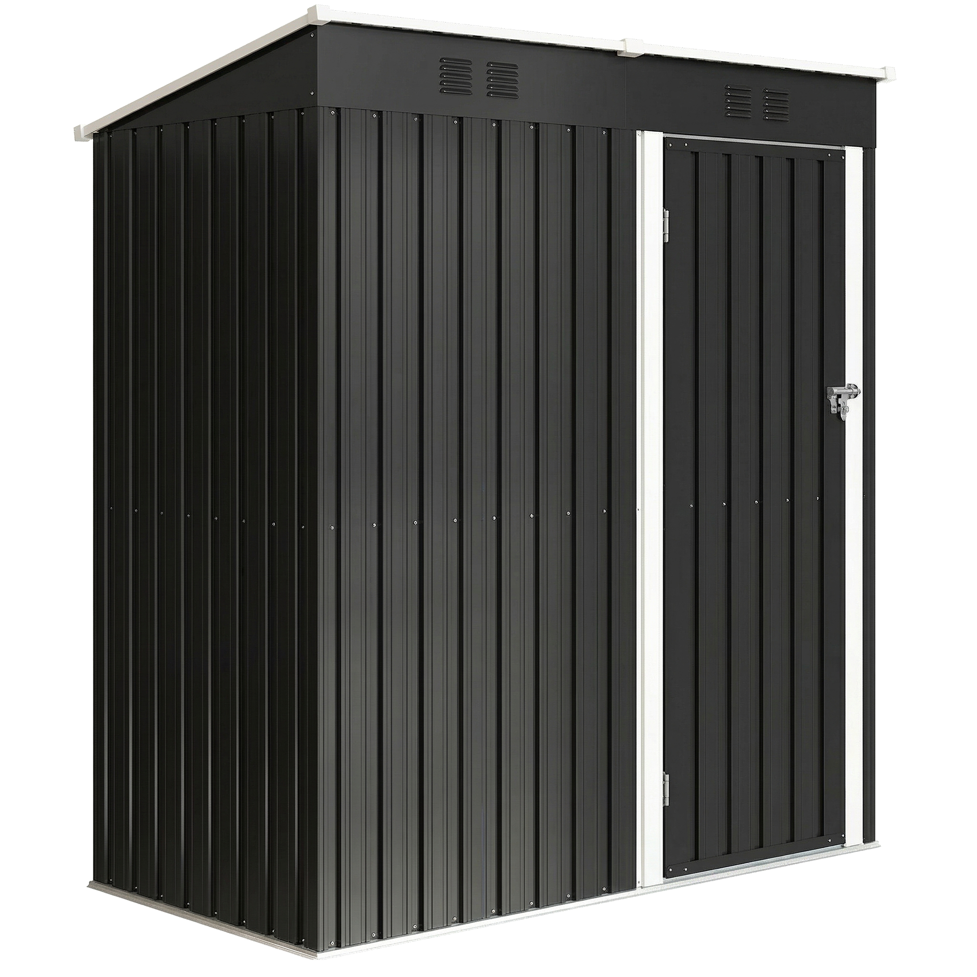Un capanno in metallo nero con bordo del tetto bianco e una porta.