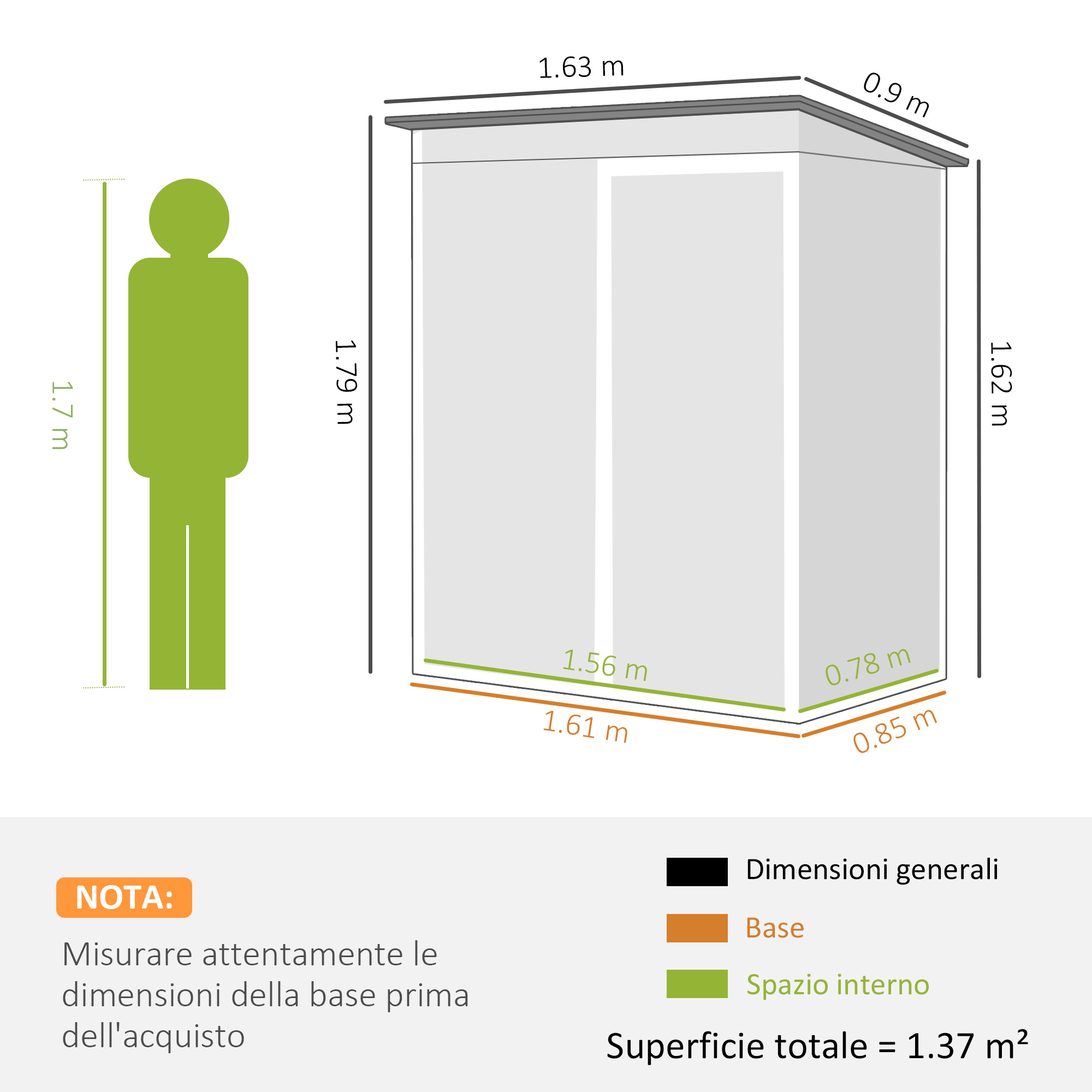 Illustrazione di un armadio con dimensioni e persona. Include legenda.