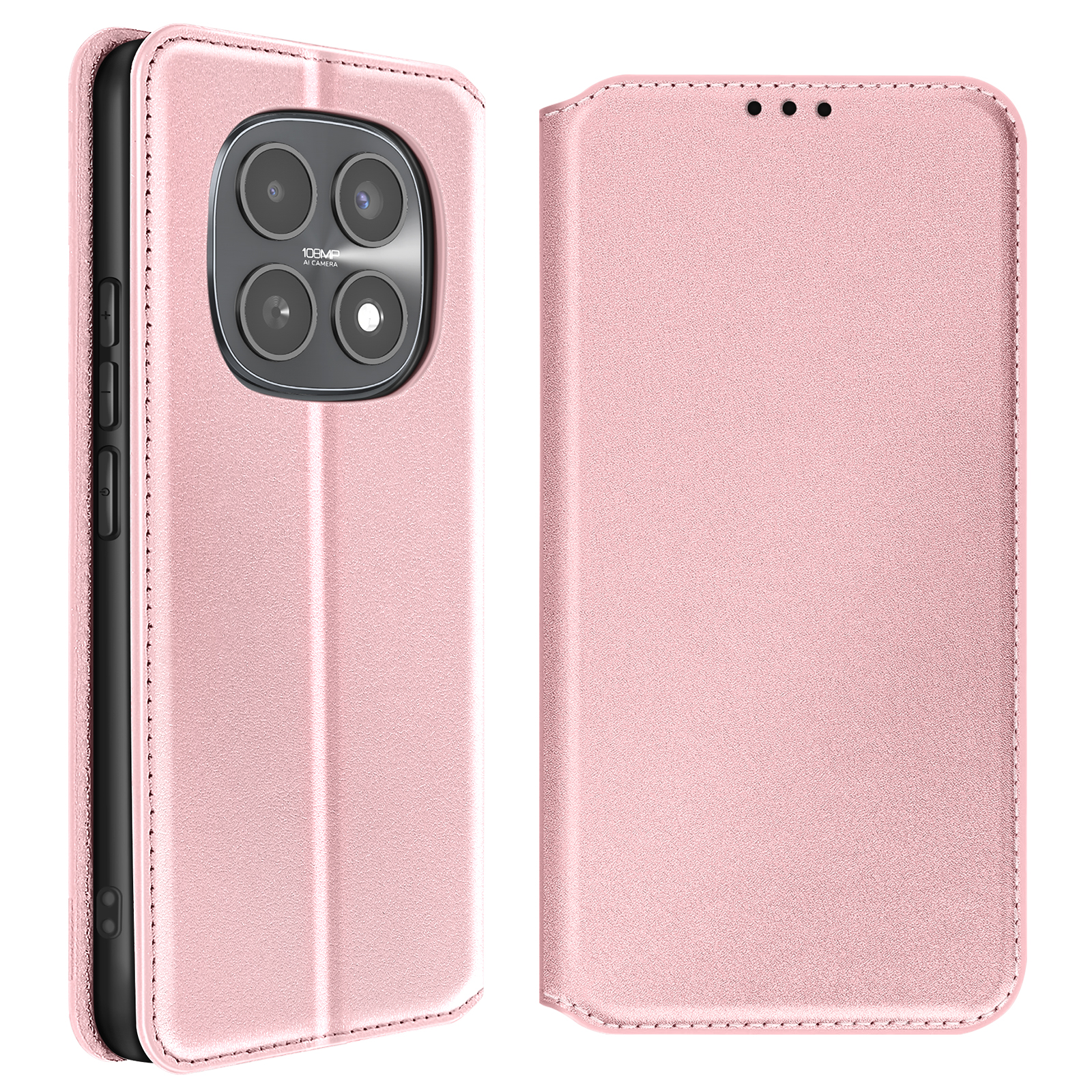 Una custodia rosa per telefono mostra il retro con quattro fotocamere e il fronte.