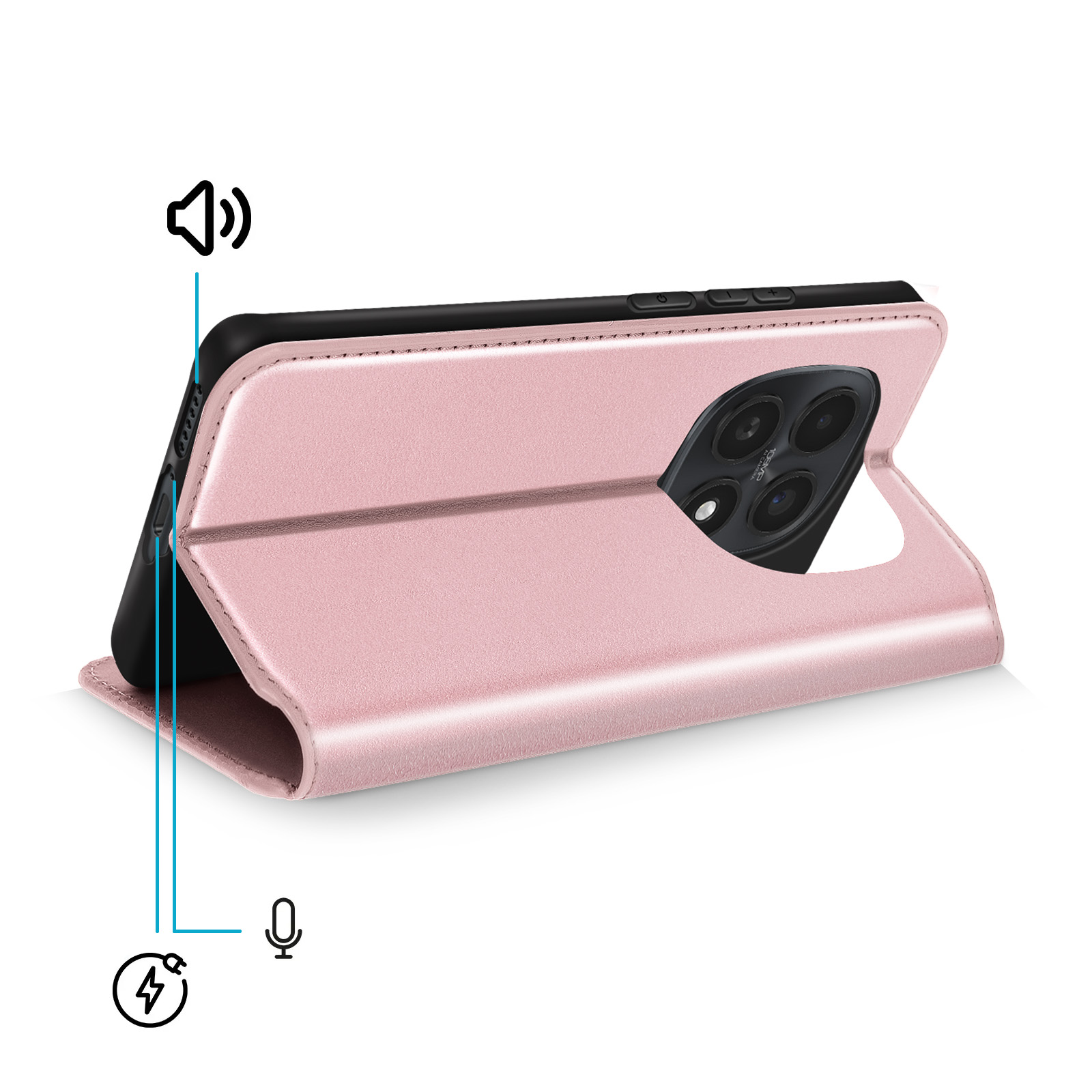 Custodia a libro rosa per telefono con smartphone che mostra fotocamere posteriori. Icone audio, microfono, ricarica.
