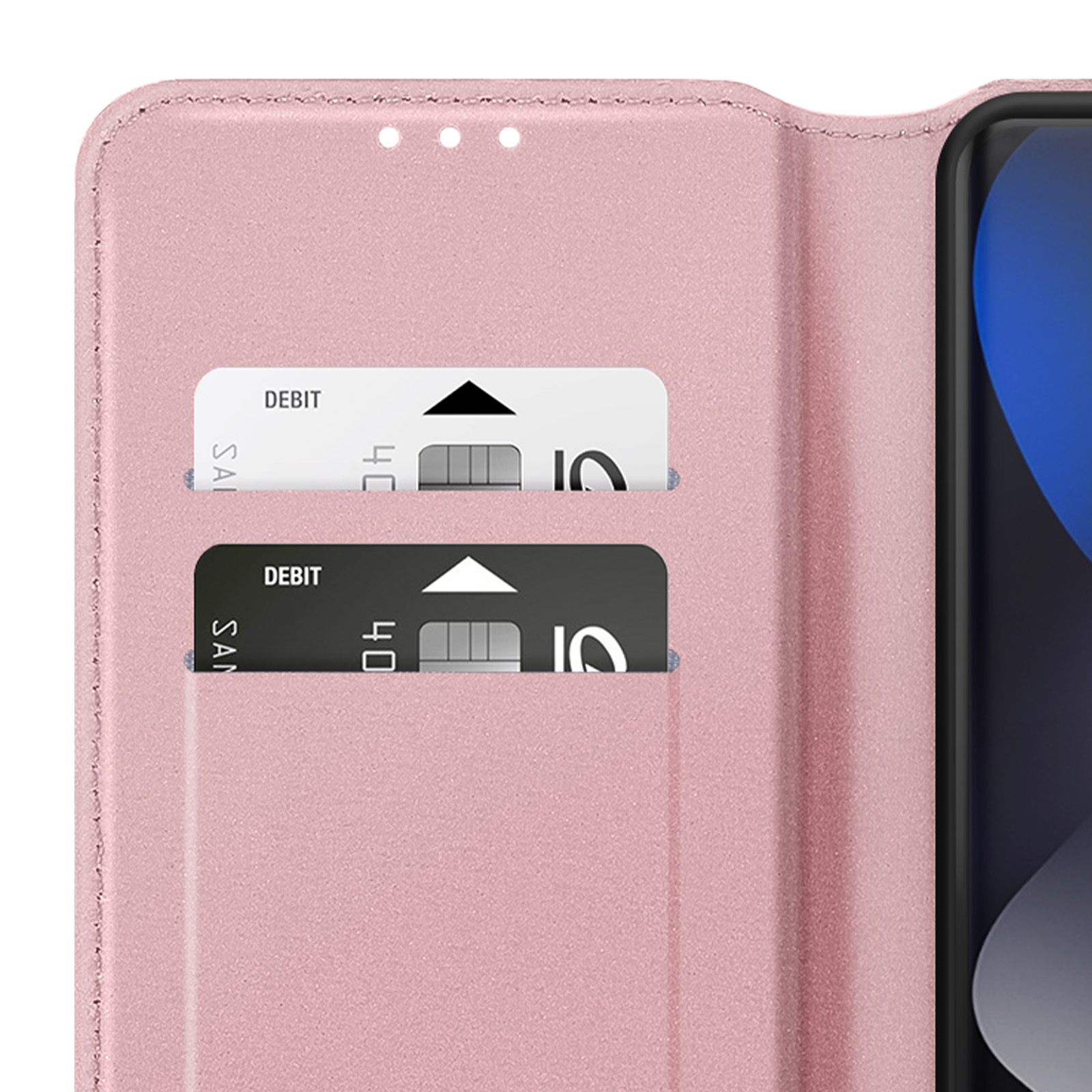 Una custodia rosa per telefono con due fessure per carte visibili.