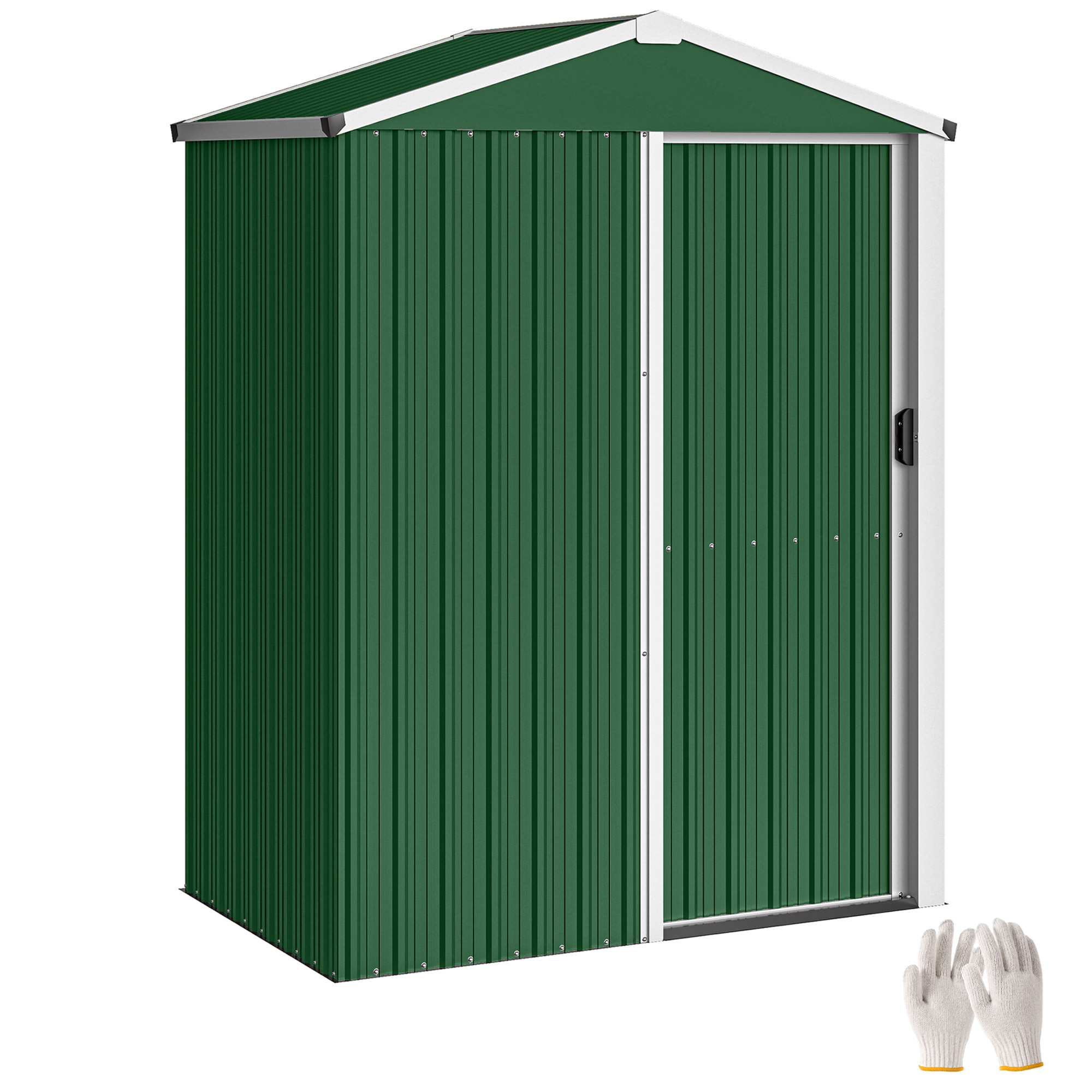Capanno da giardino in metallo verde con doppie porte, tetto e rifiniture bianche. Coppia di guanti bianchi.