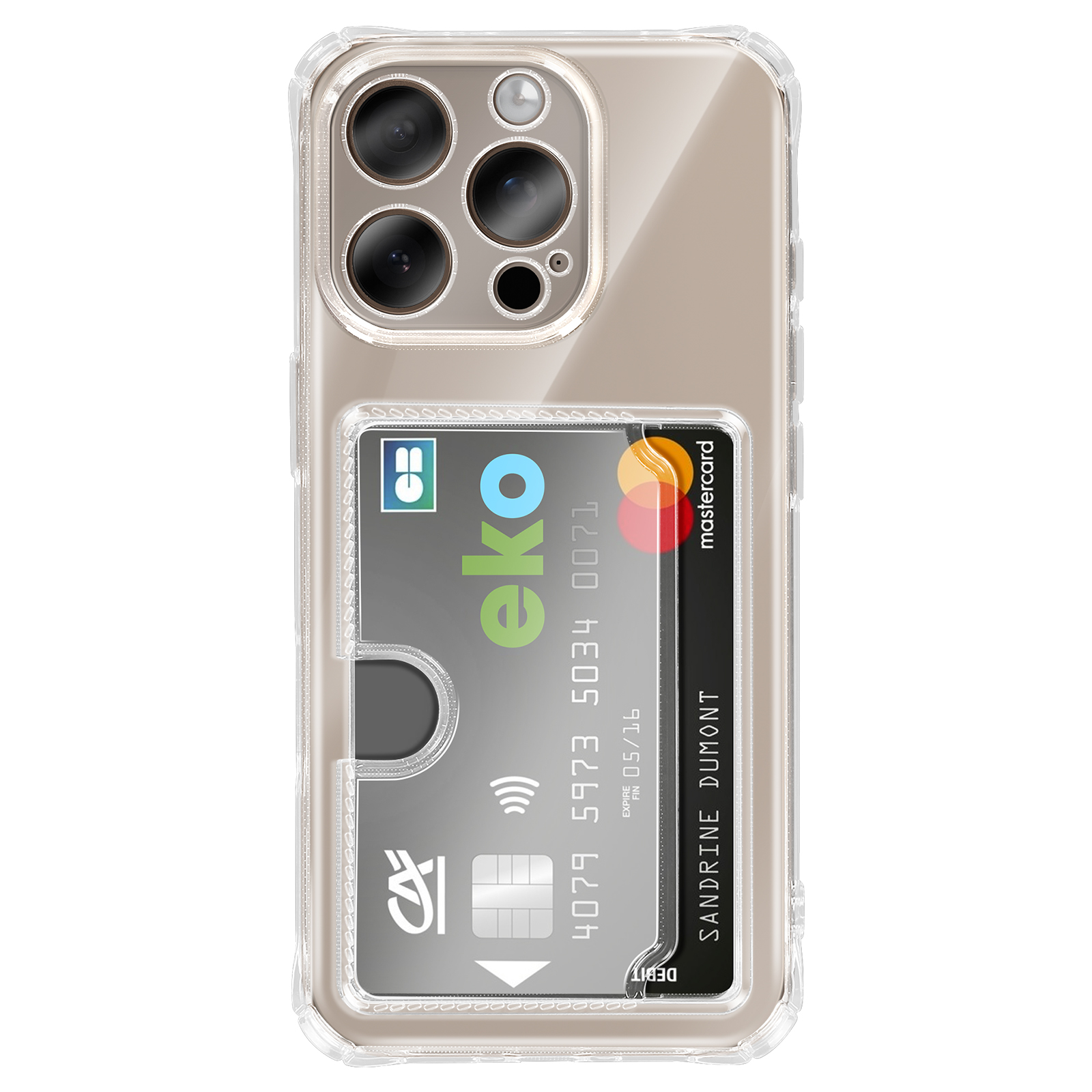 iPhone hoesje met kaarthouder, toont een creditcard met Mastercard-logo.