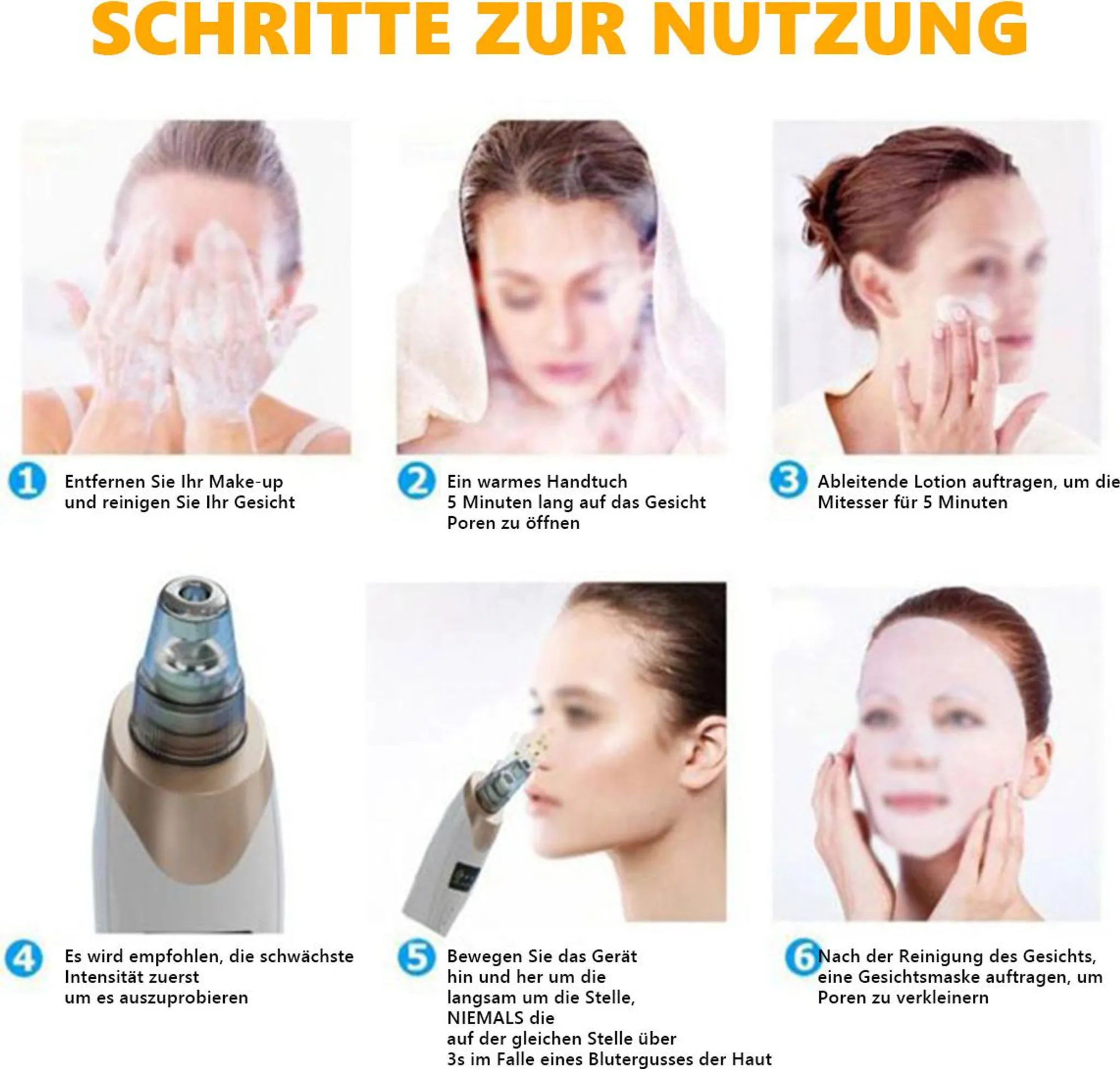 Schritt-für-Schritt-Anleitung zur Hautpflege mit 6 Bildern.