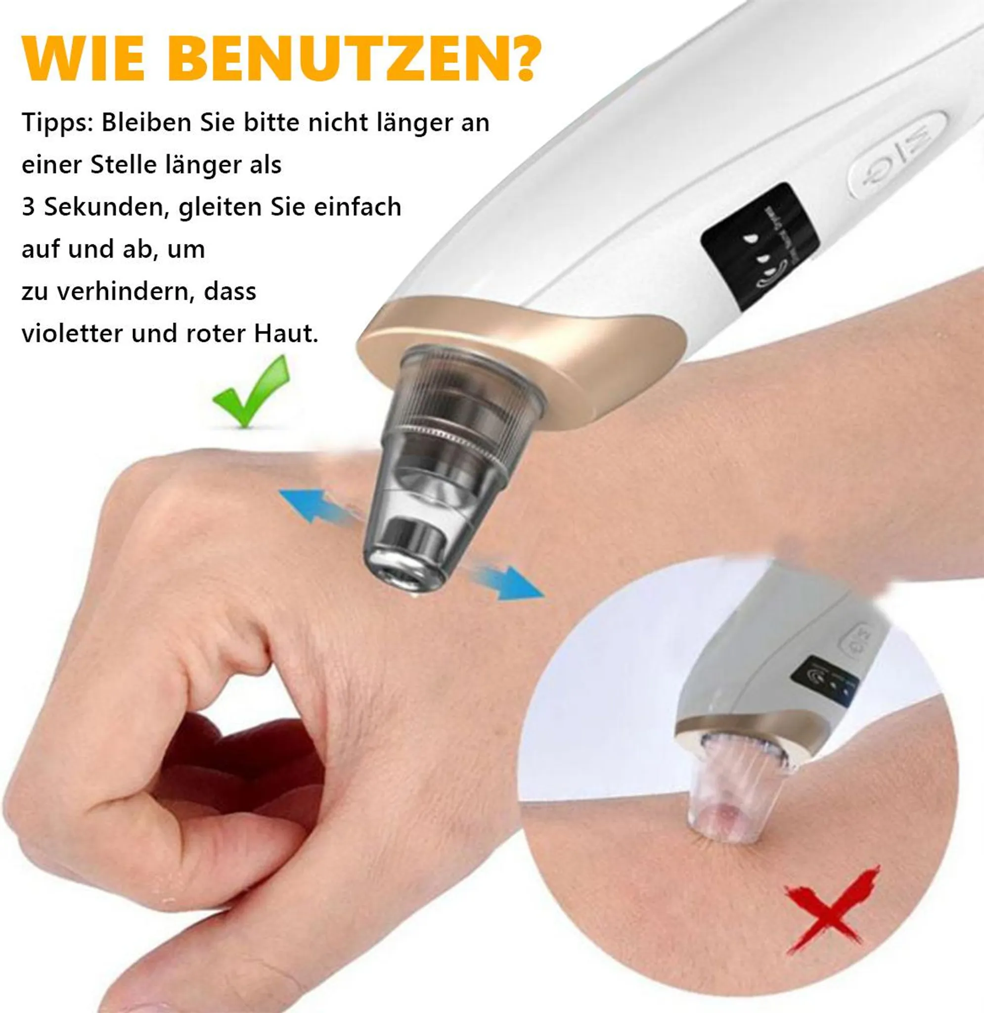 Ein Hautpflegegerät auf einem Arm, mit Anleitungstext.