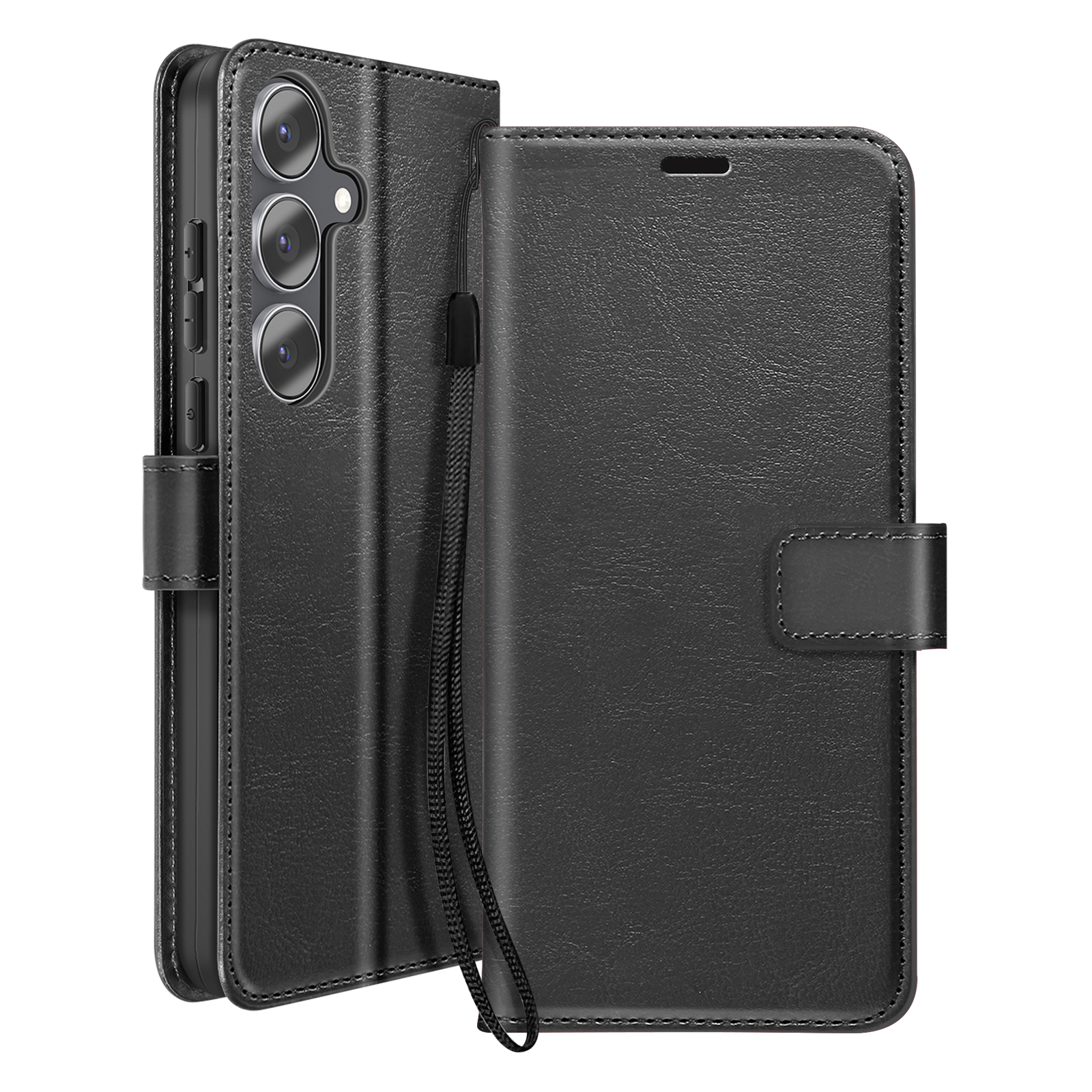 Custodia per telefono a libro in pelle nera con ritagli per fotocamera e cinturino.