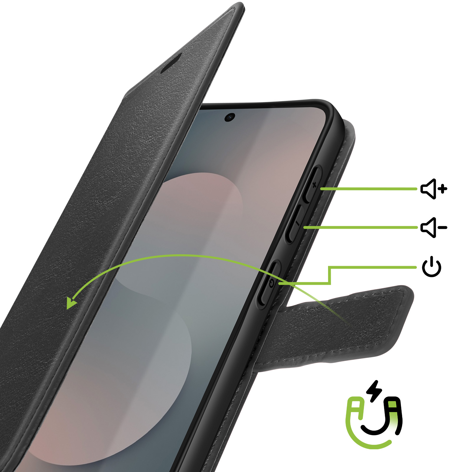Smartphone nero con custodia a libro aperta, pulsanti volume e accensione evidenziati.