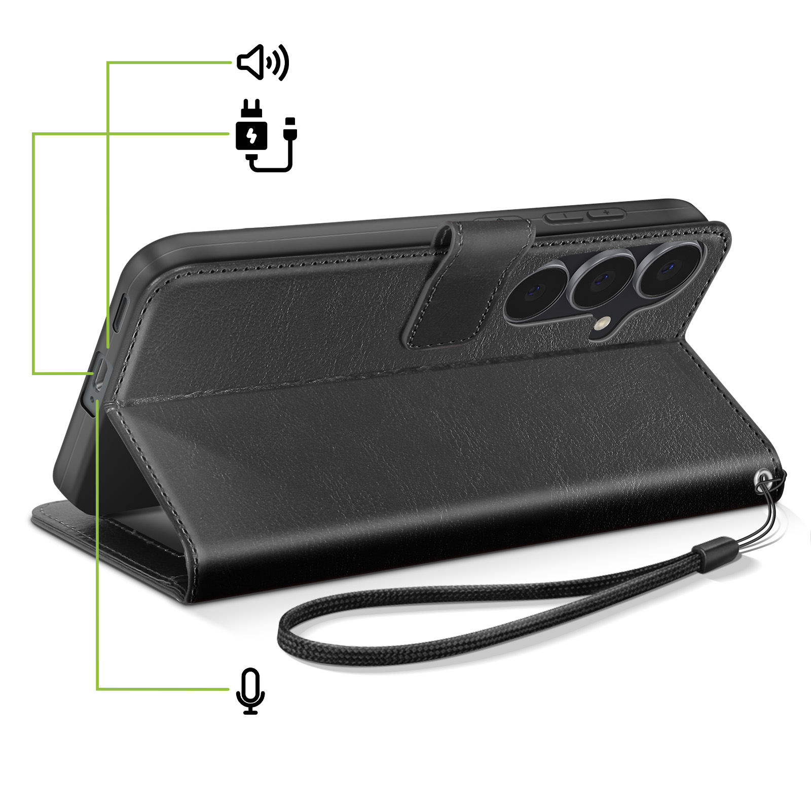 Custodia in pelle nera per telefono con ritaglio fotocamera, pulsanti visibili e laccetto.