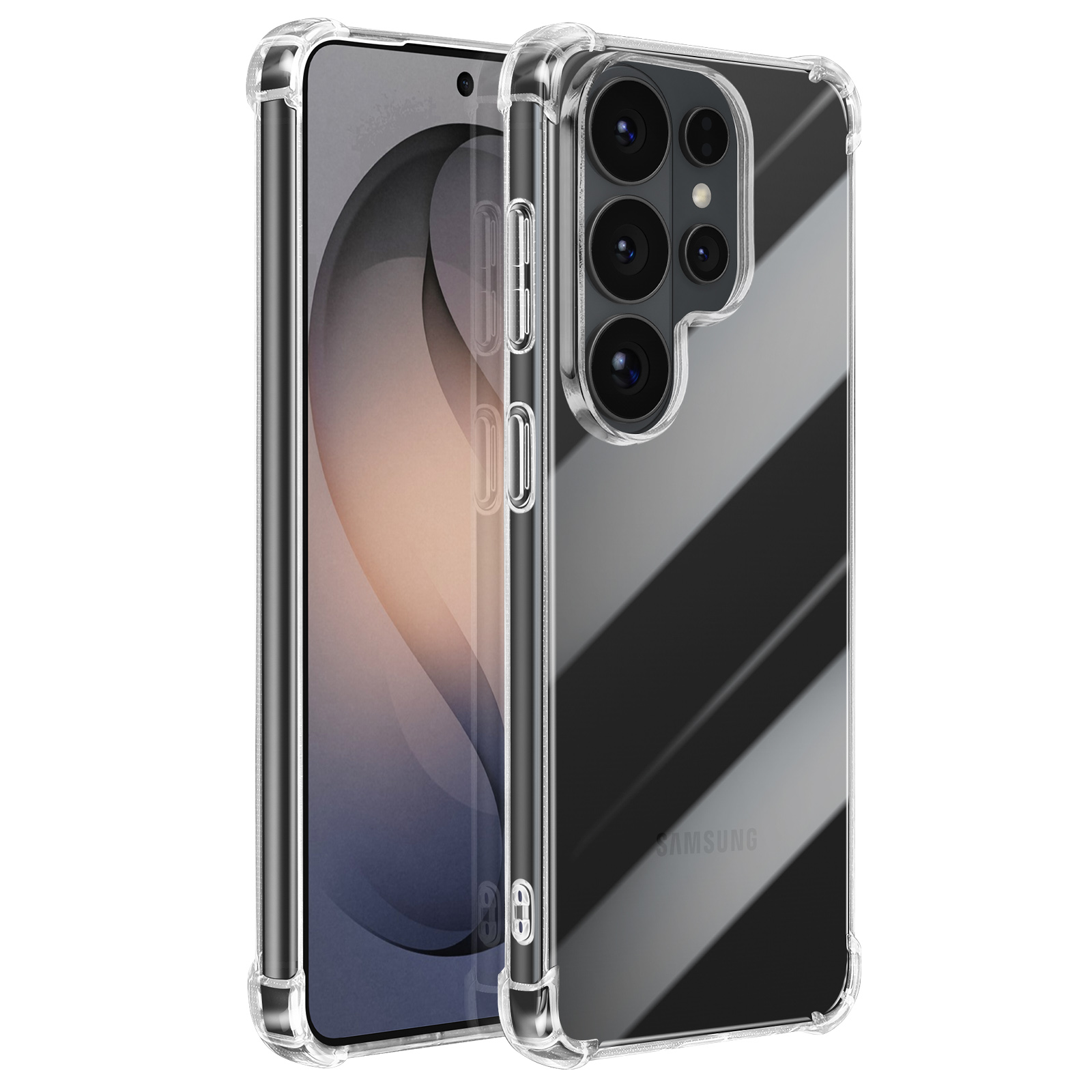 Een doorzichtige telefoonhoes met verstevigde hoeken en een camera-array.