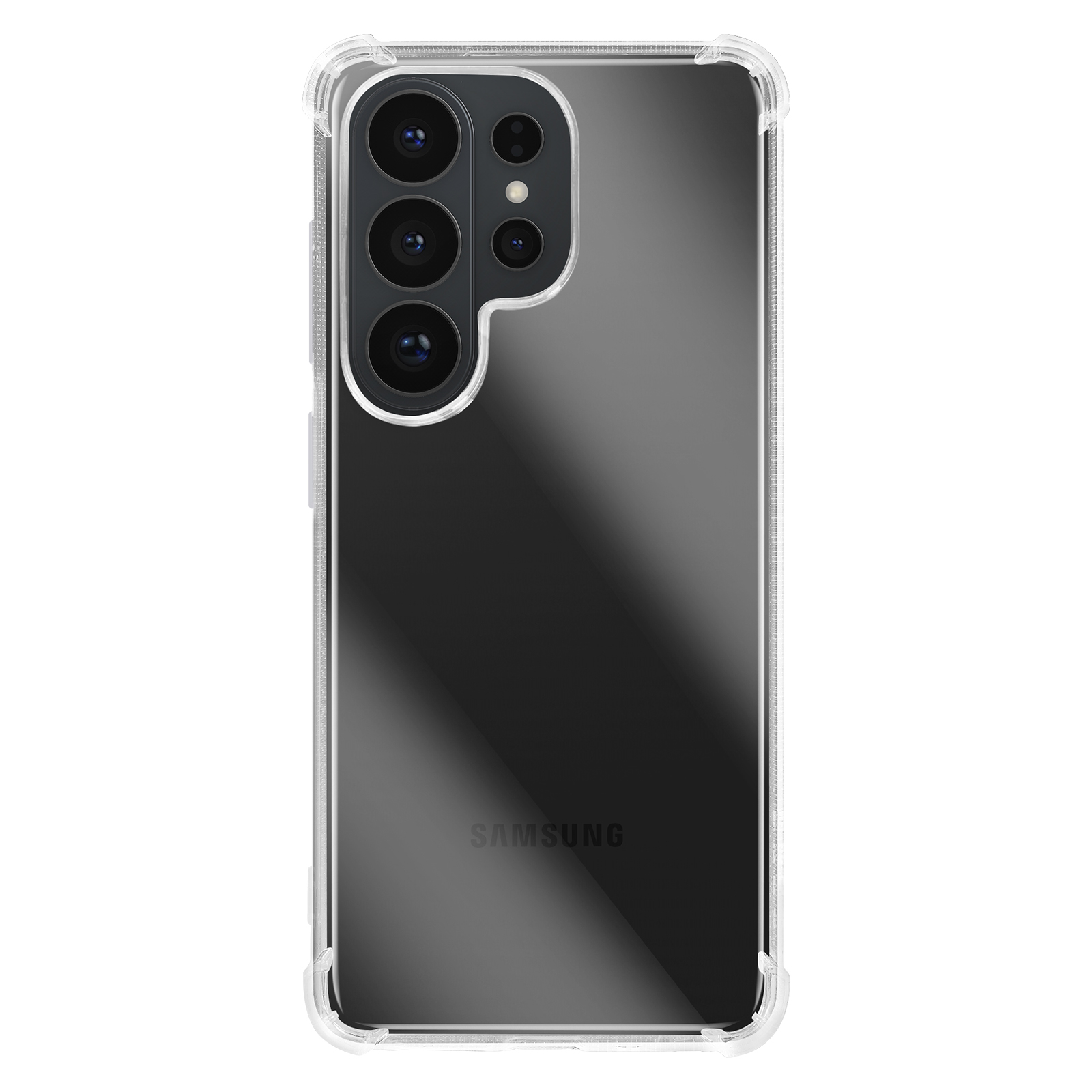 Transparante telefoonhoes met verstevigde hoeken toont camera's en Samsung-logo.