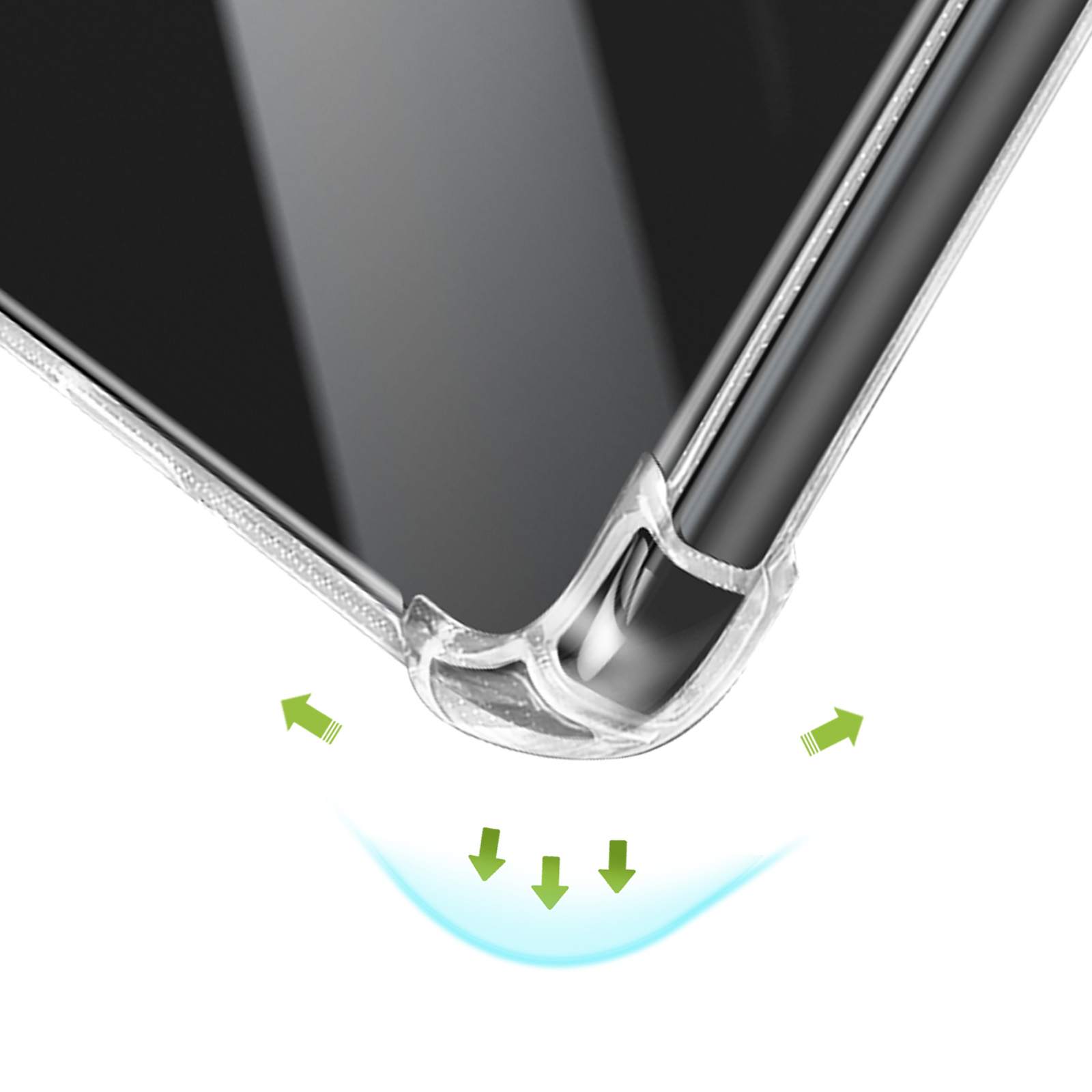 Transparante telefoonhoes met verstevigde hoeken en pijlen die schokabsorptie aangeven.