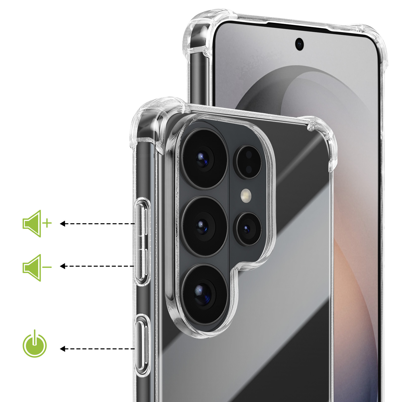 Doorzichtige telefoonhoes met camera- en volumeknop-iconen.