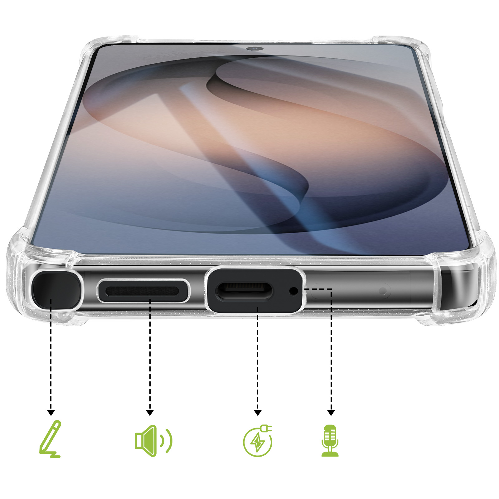 Een smartphone in een doorzichtige hoes met poorten: pen, luidspreker, opladen en microfoon pictogrammen.