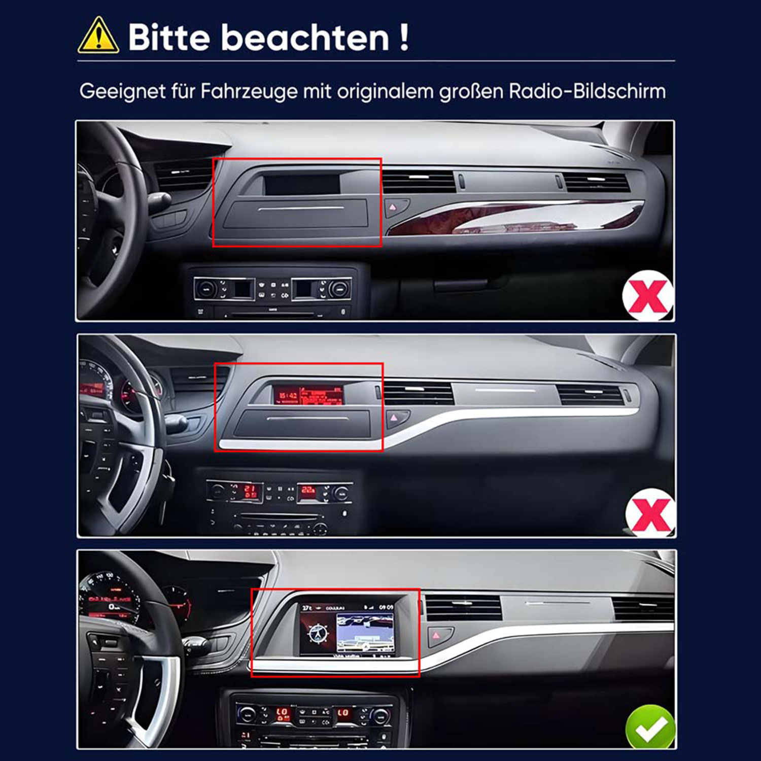 Armaturenbrett mit drei Bildern: oben Staufach, Mitte Radioanzeige, unten Navigationsbildschirm.