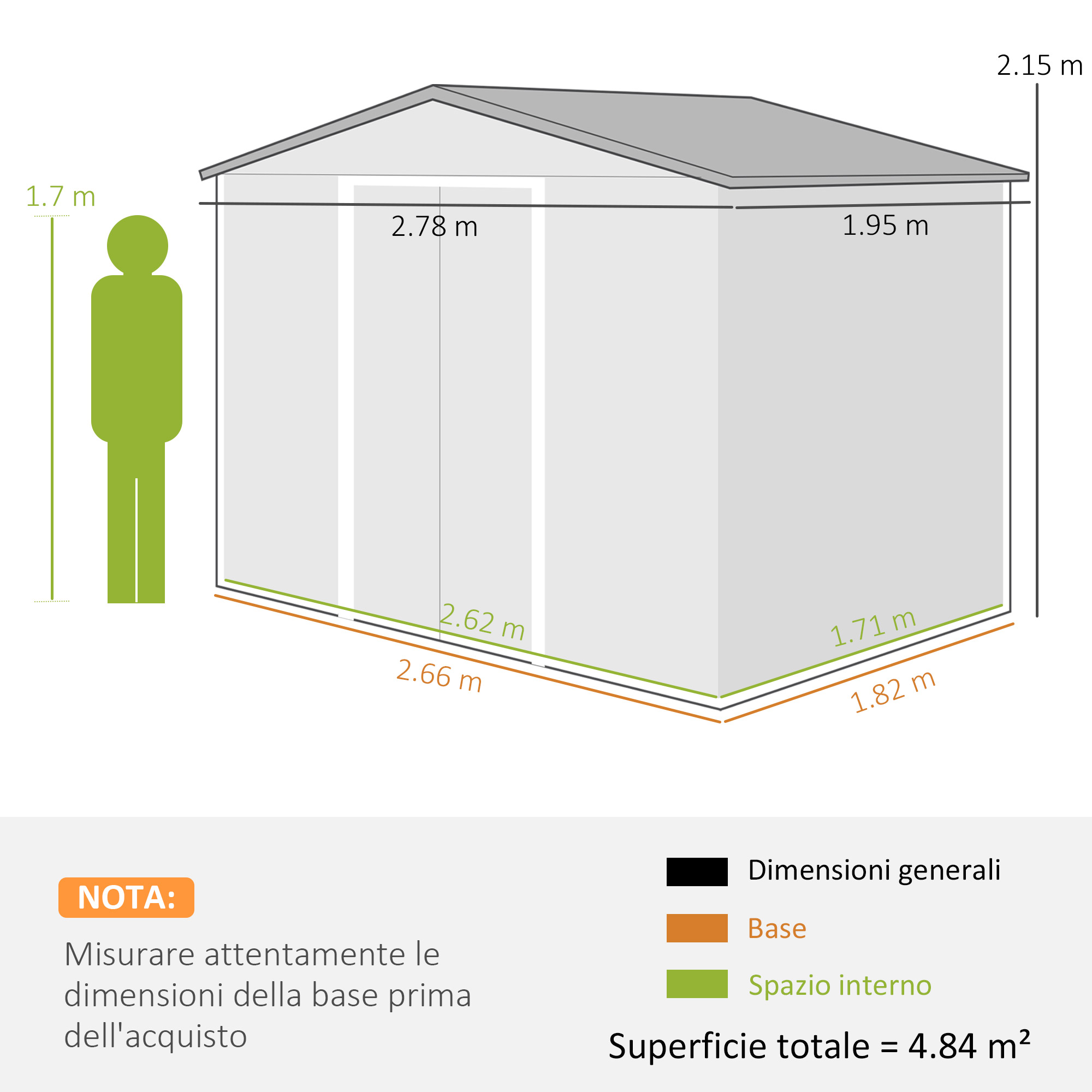 Illustrazione di una casetta con dimensioni e una figura umana per scala.