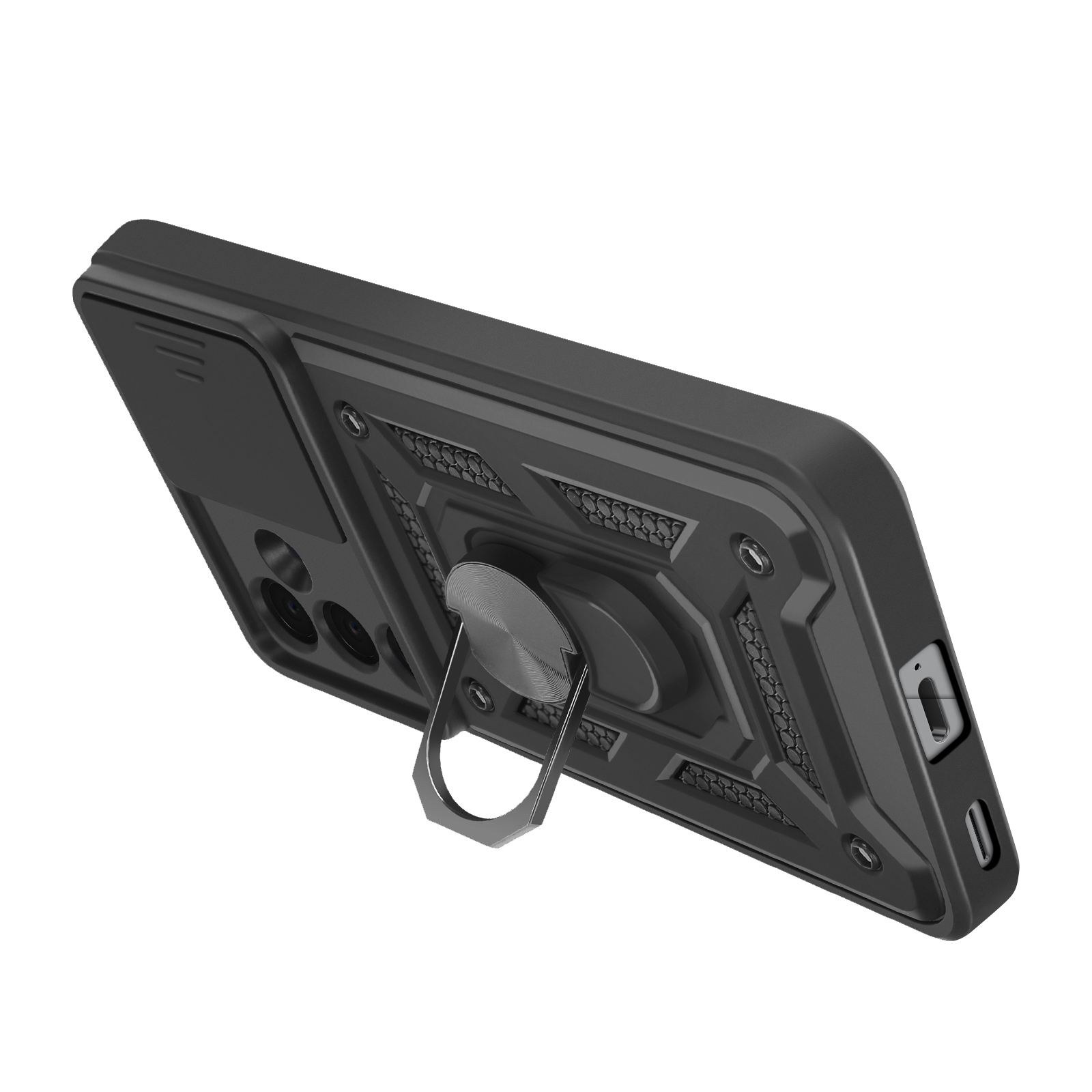 Zwarte telefoonhoes met ringhouder, cameraddekking en verstevigde randen.