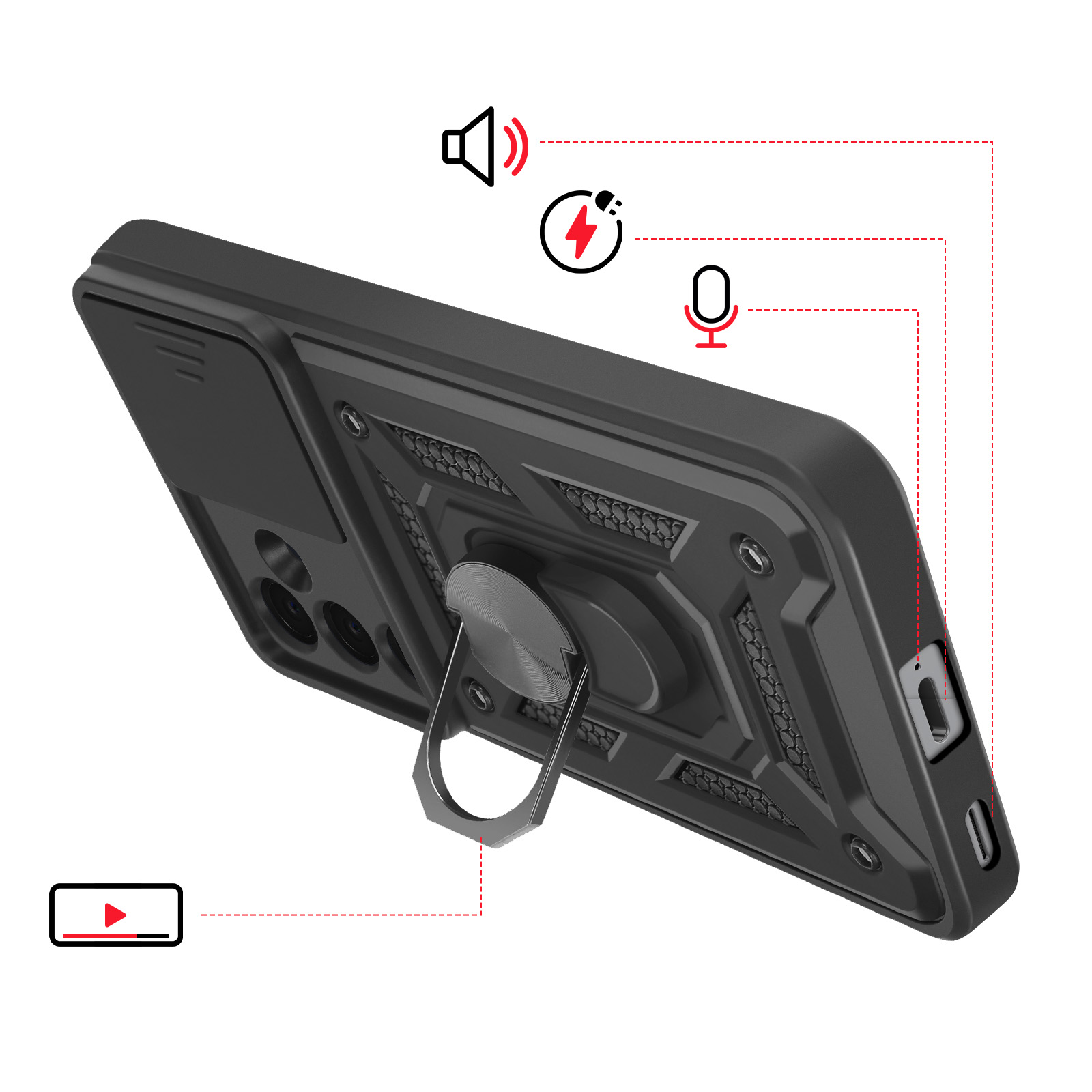 Zwarte telefoonhoes met ringhouder en iconen voor geluid, opladen en microfoon.