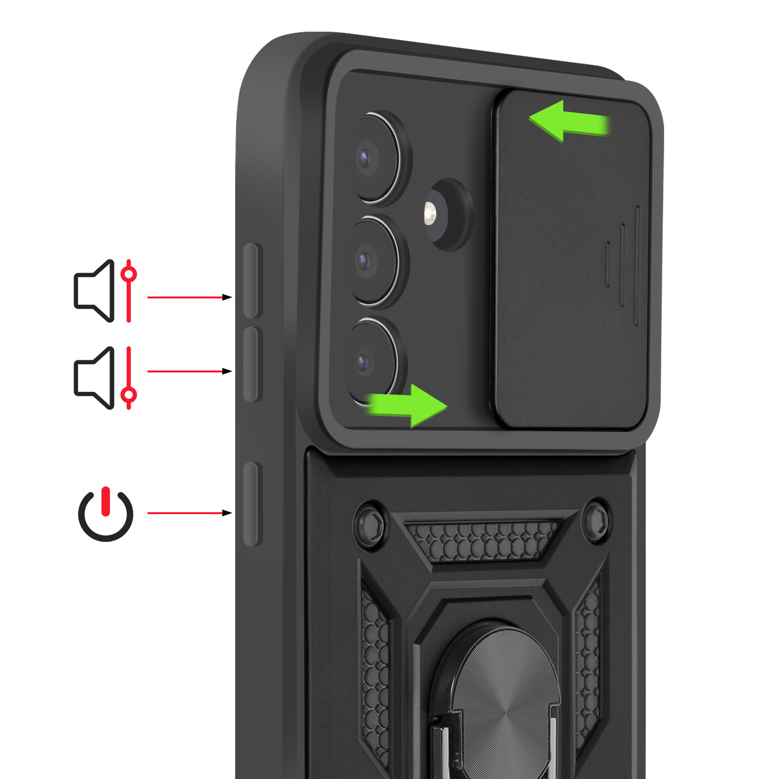 Zwarte telefoonhoes met camerahoes, volume- en aan/uitknoppen aangegeven.