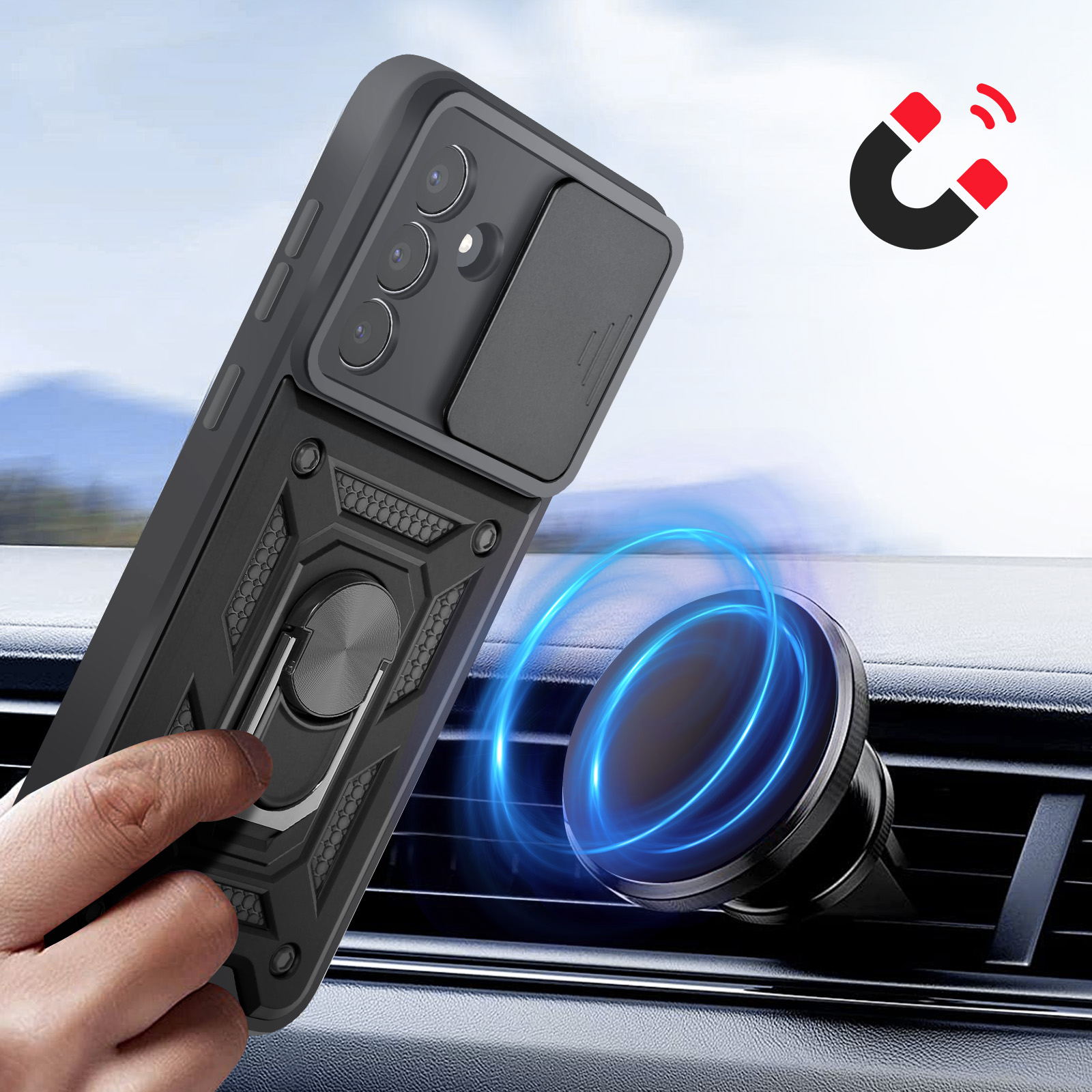 Zwarte telefoonhoes met ringhouder en magnetische autohouder in een auto.